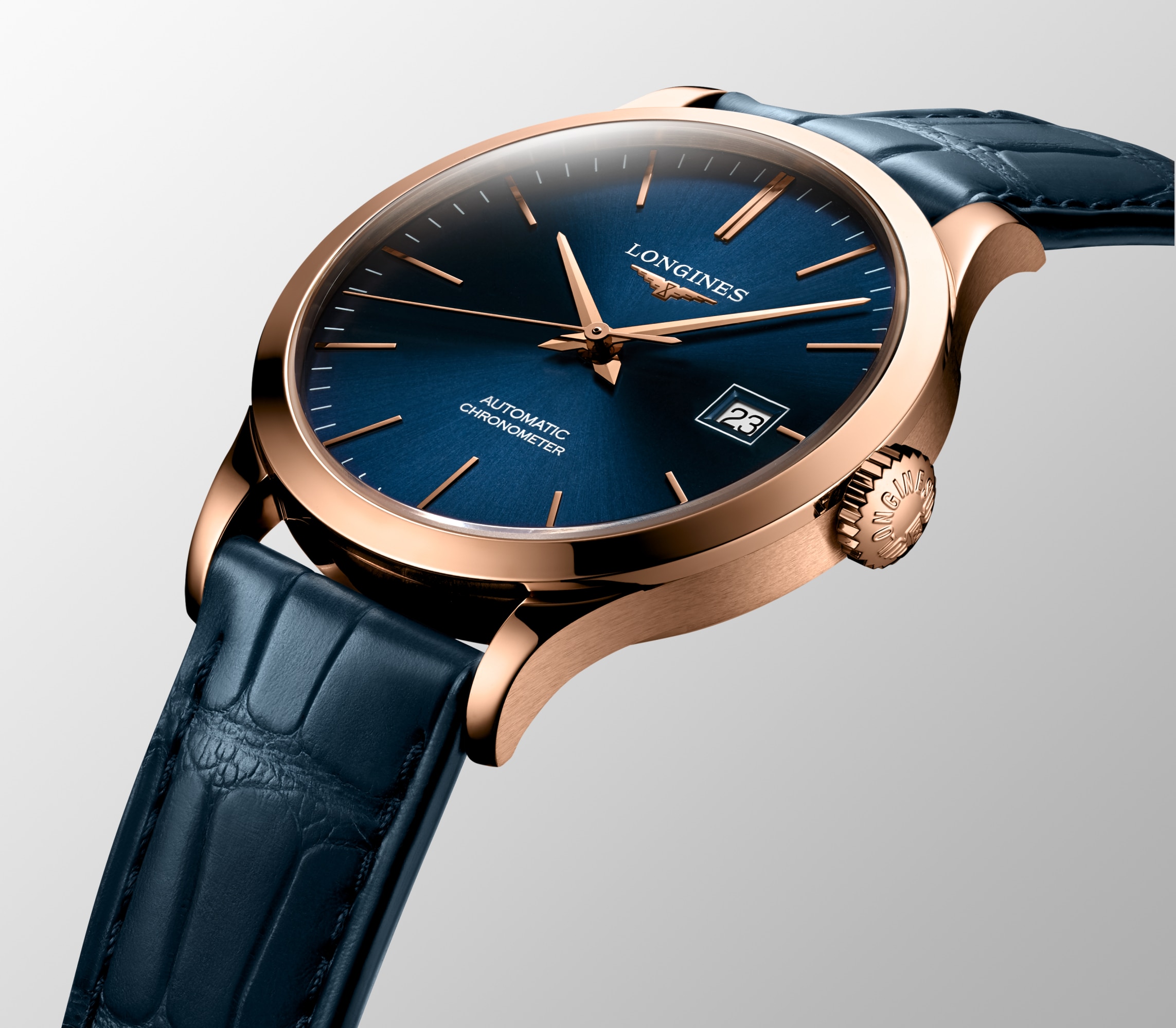 レコード 自動巻、18kピンクゴールド、ブルー「サンレイ」 ダイアル