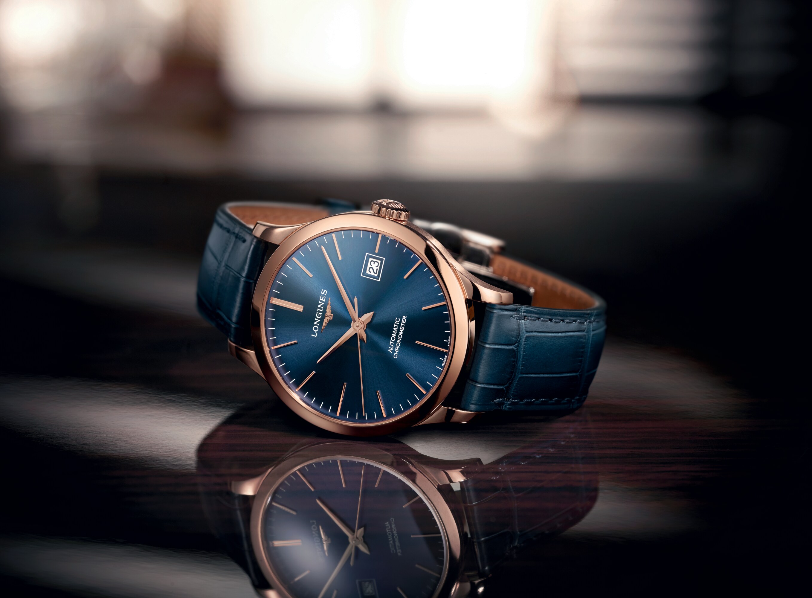 RECORD Automatic, Rose Gold 18 Carats, Sunray Blue Dial, Strap