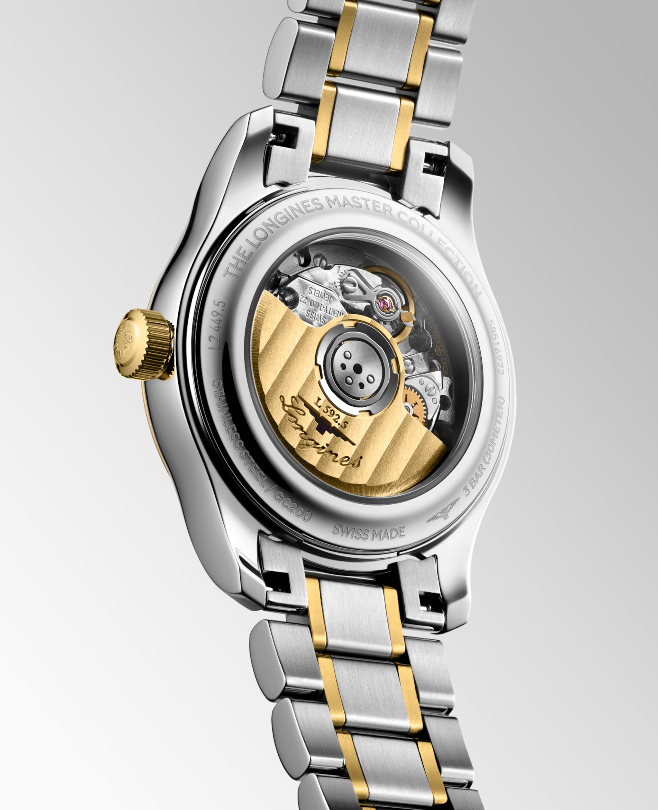 THE LONGINES MASTER COLLECTION L2.449.5.87.7 Automatik, Edelstahl mit 18 Karat Gelbgold Cap 200, Weißes Perlmutt, Armband Watch - Rückseite Uhr
