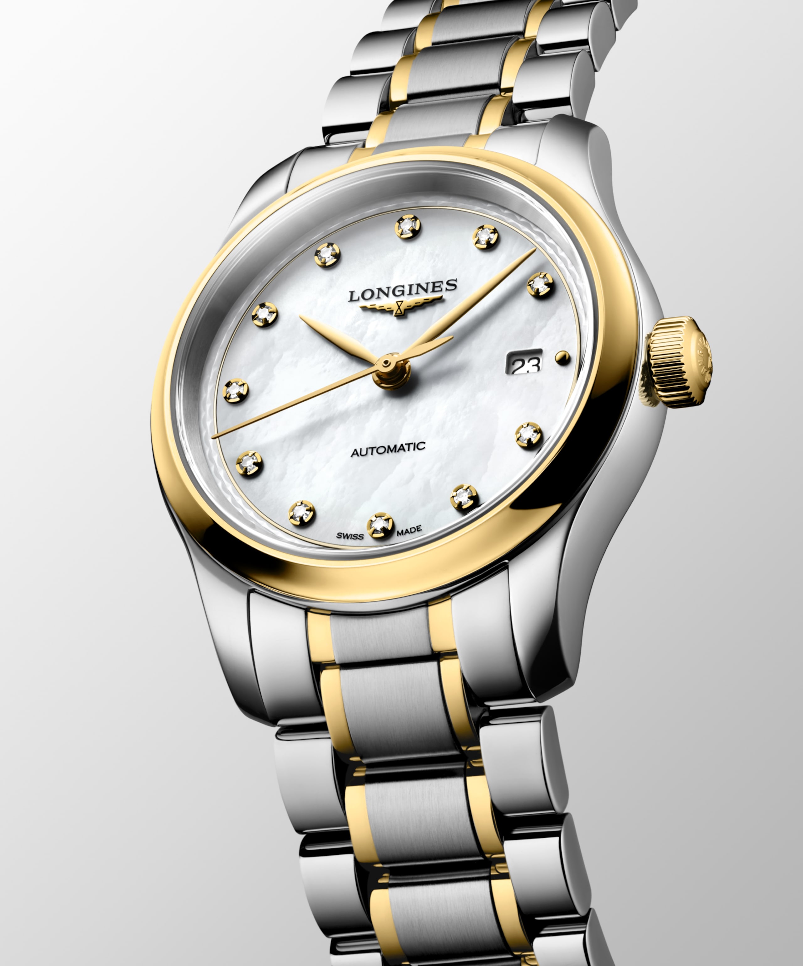 THE LONGINES MASTER COLLECTION L2.449.5.87.7 Automatik, Edelstahl mit 18 Karat Gelbgold Cap 200, Weißes Perlmutt, Armband Watch - Vorderseite Uhr