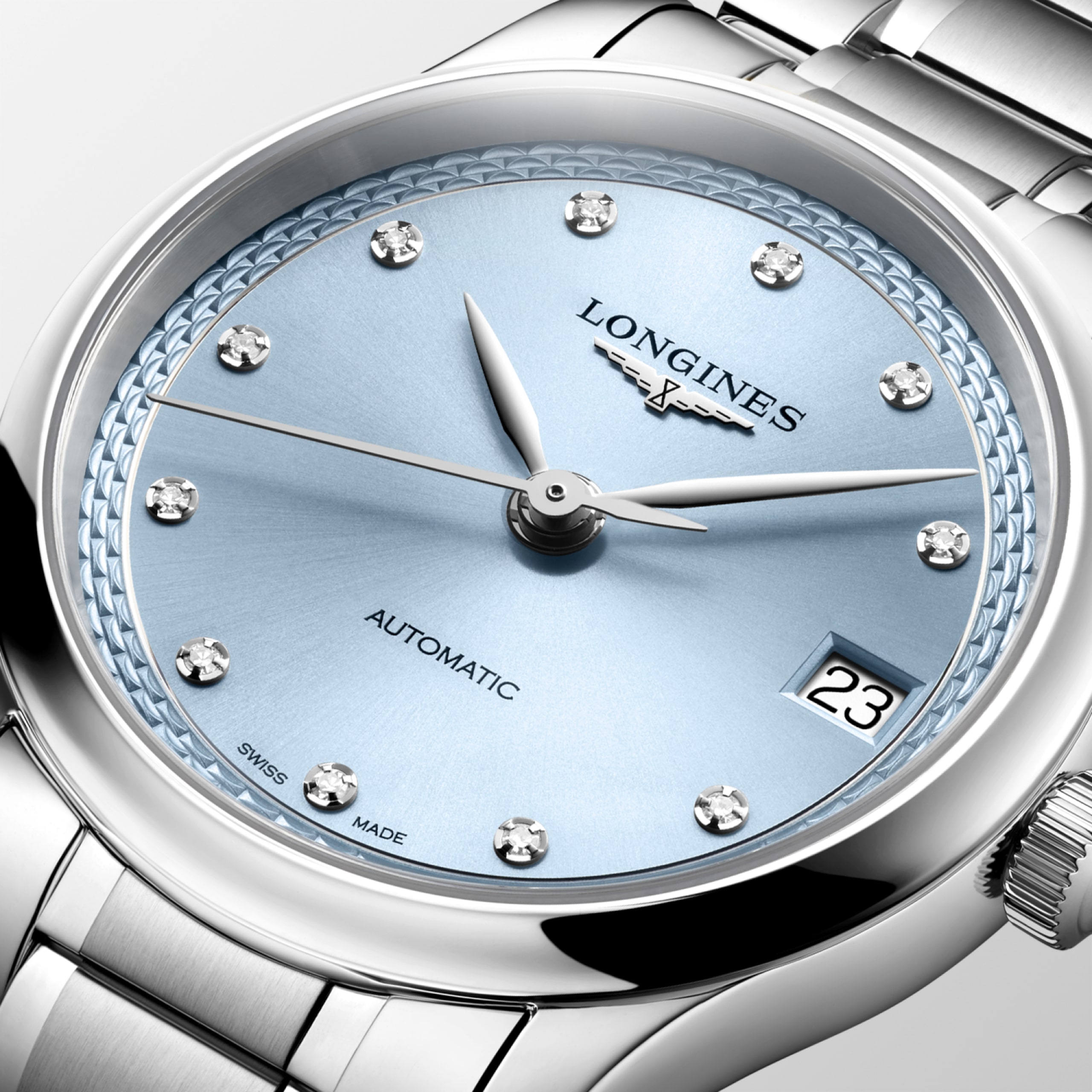 THE LONGINES MASTER COLLECTION L2.450.4.97.6 อัตโนมัติ, สแตนเลสสตีล, สีฟรอสต์บลูซันเรย์
, สายนาฬิกา Watch - ภาพโคลสอัพหน้าปัด