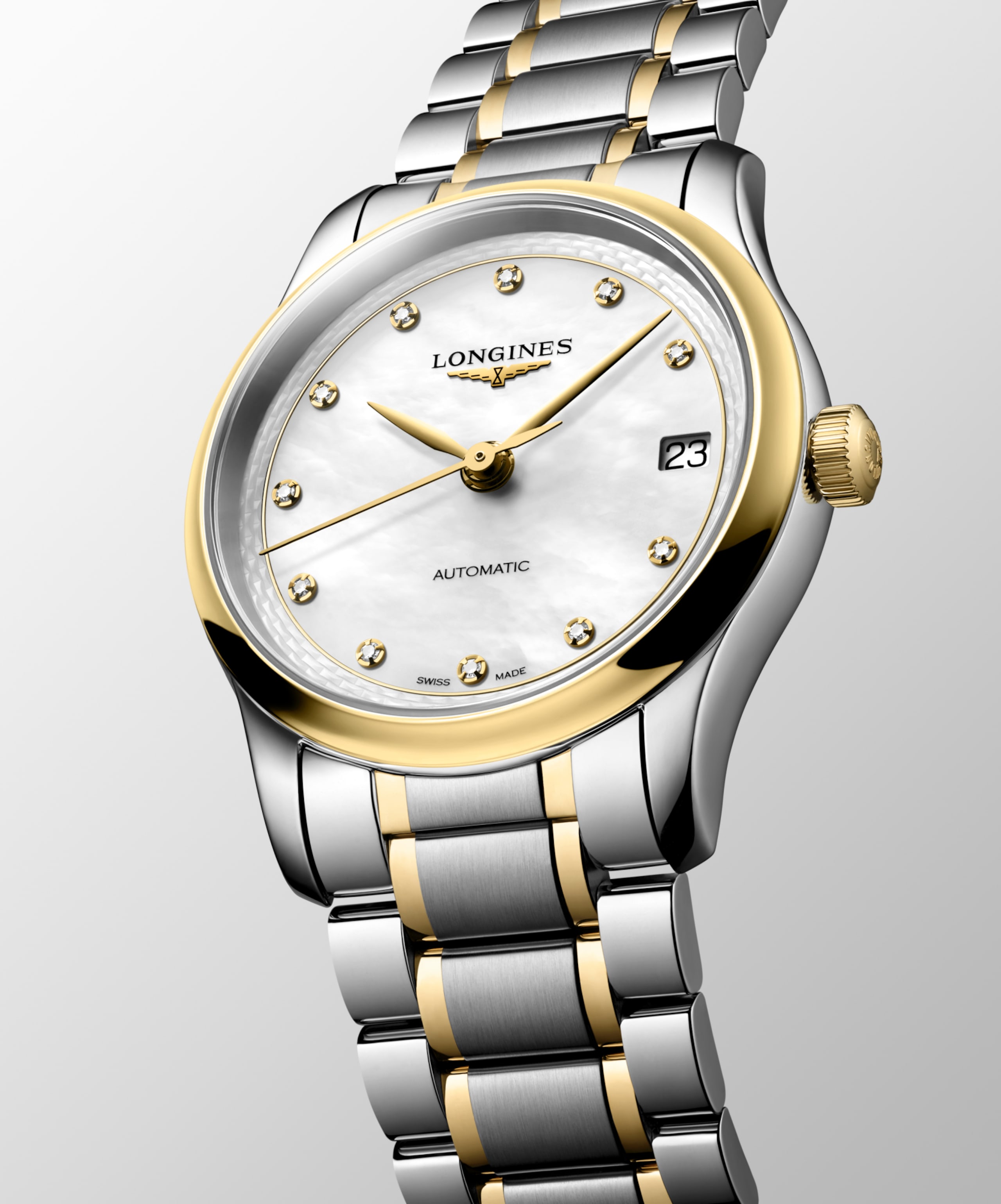 THE LONGINES MASTER COLLECTION L2.450.5.87.7 Automatic, Stainless steel and 18 karat yellow gold cap 200, White mother-of-pearl, Bracelet Watch - Watch face