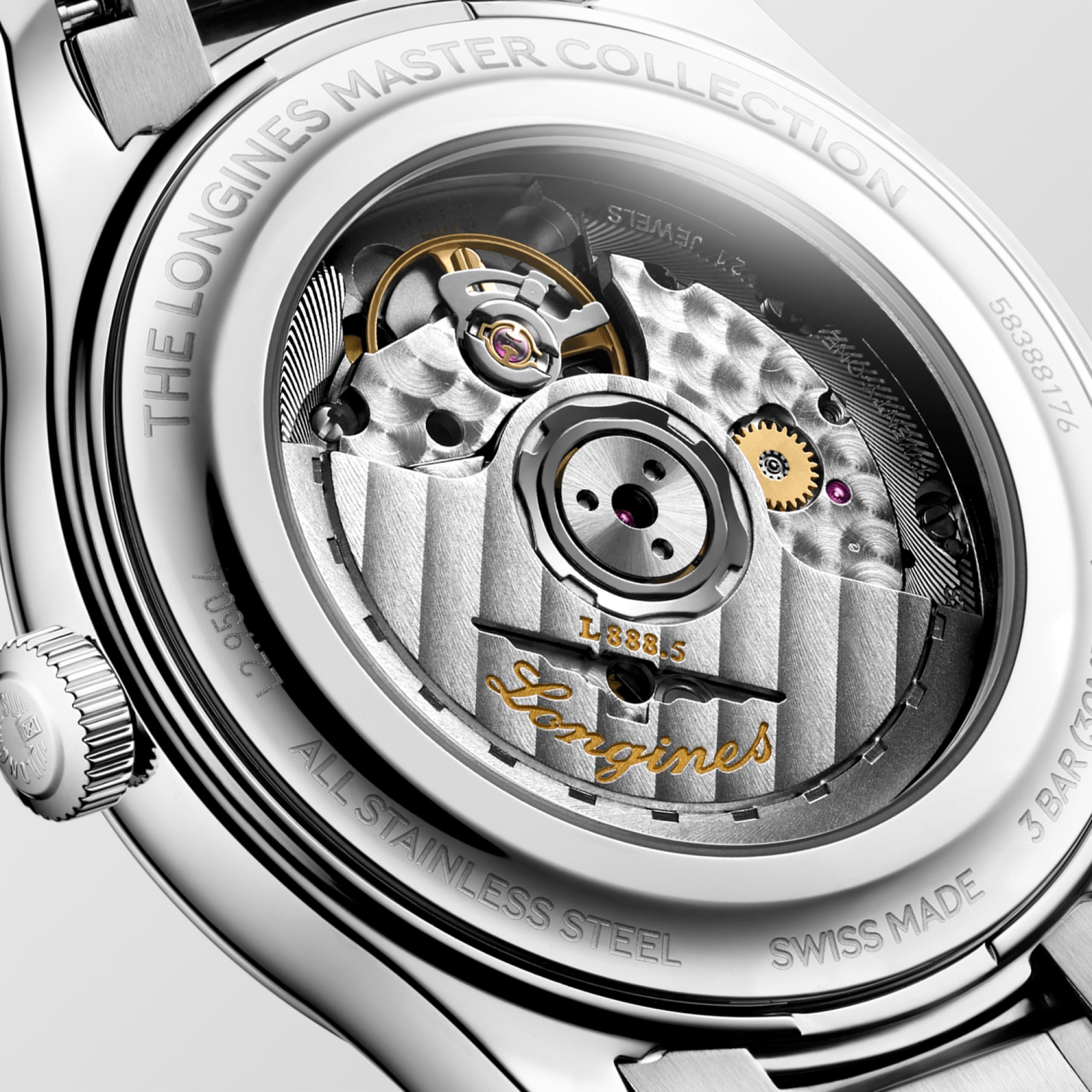 THE LONGINES MASTER COLLECTION L2.950.4.99.6 Automatic, Stainless steel, Light Blue "barleycorn", Bracelet Watch - Back close up
