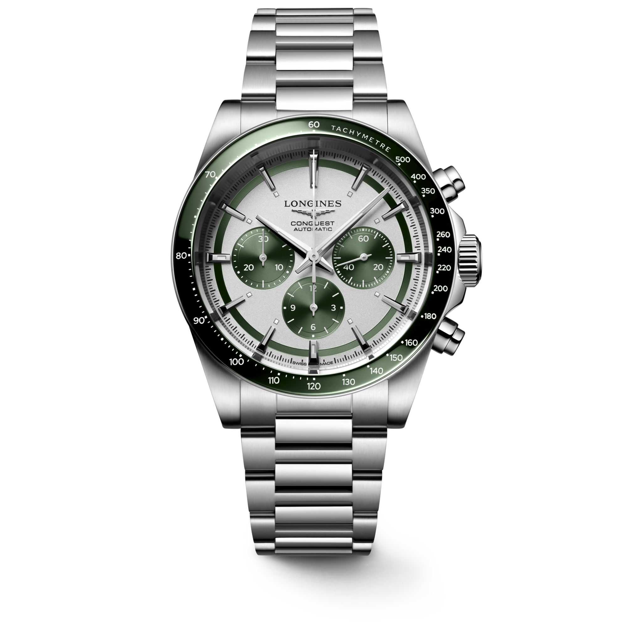 CONQUEST CHRONOGRAPH Automatic, Stainless Steel And Ceramic Bezel, Silver  Matt With Green Counters Dial, Bracelet Watch | LONGINES