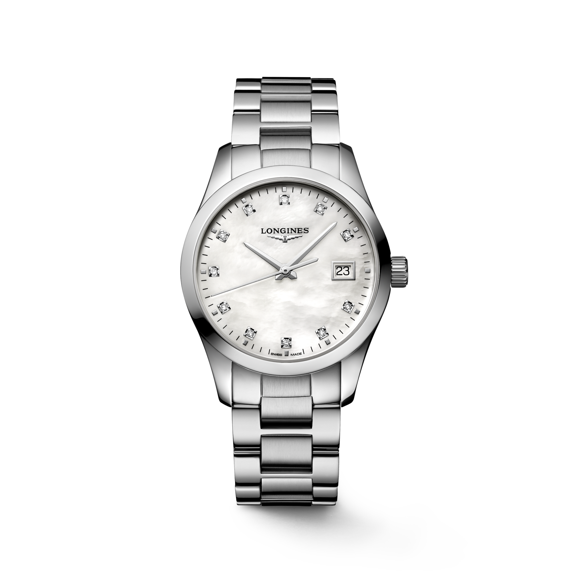 CONQUEST CLASSIC Quartz Stainless Steel White Mother of pearl Dial Bracelet Watch LONGINES