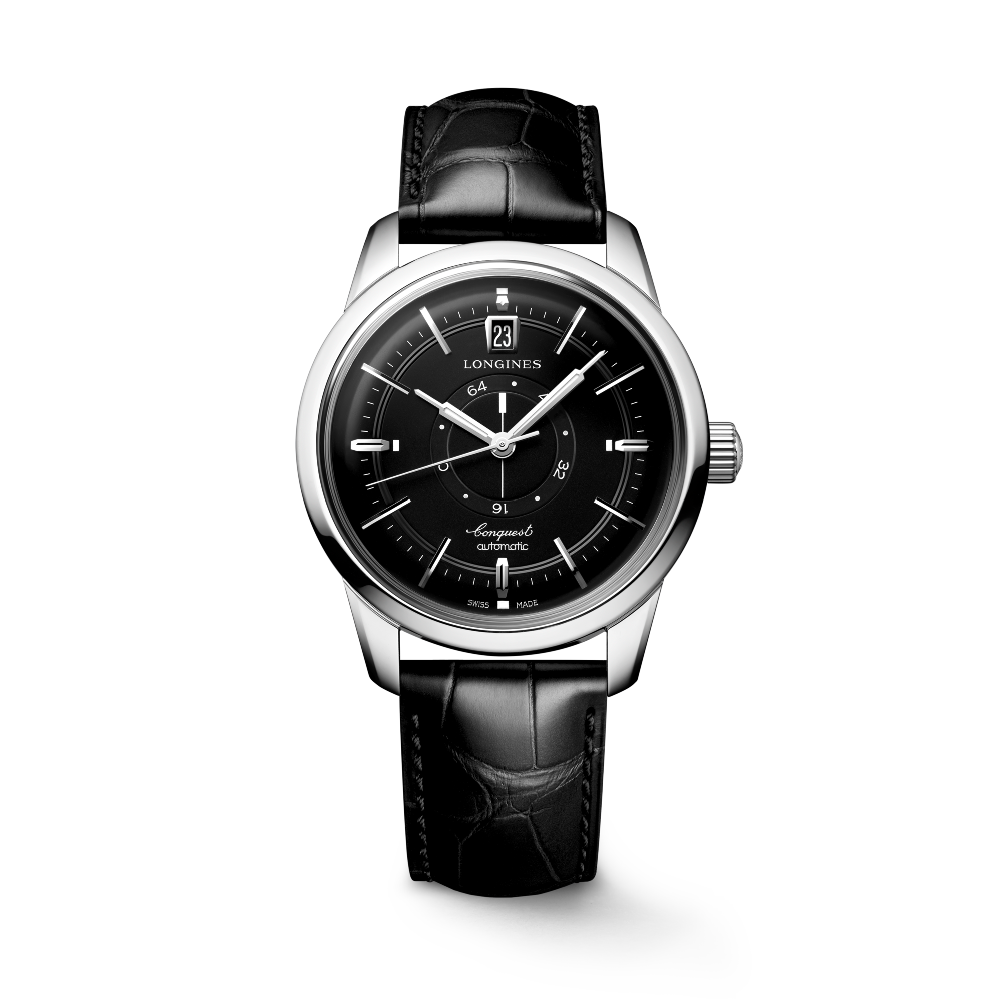 CONQUEST HERITAGE CENTRAL POWER RESERVE Automatic Stainless Steel Black Dial Strap Watch LONGINES SG