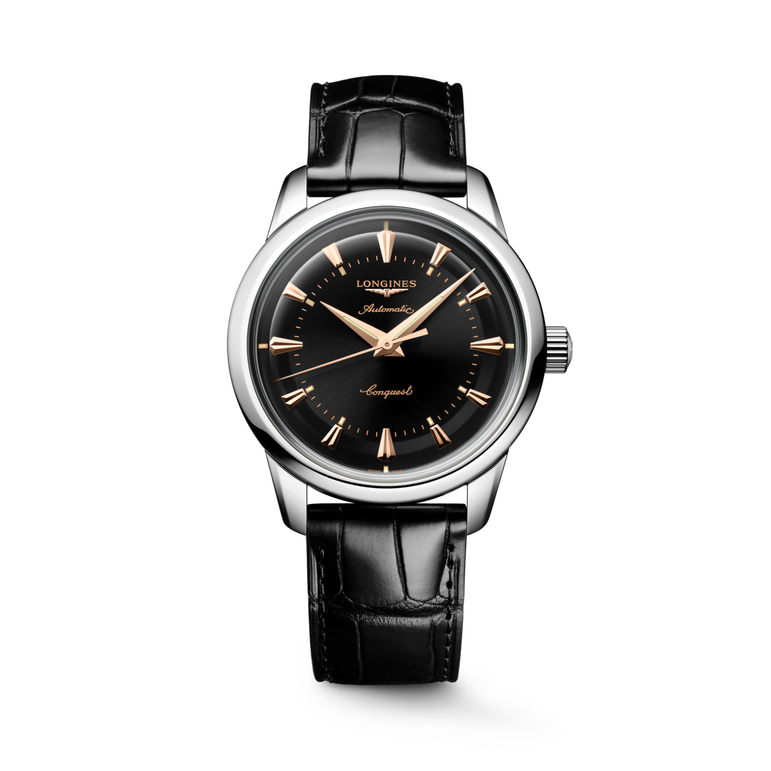 CONQUEST HERITAGE L1.649.4.52.0 Automatico, Acciaio inossidabile, Nero laccato lucido, Cinturino Watch - Orologio militare