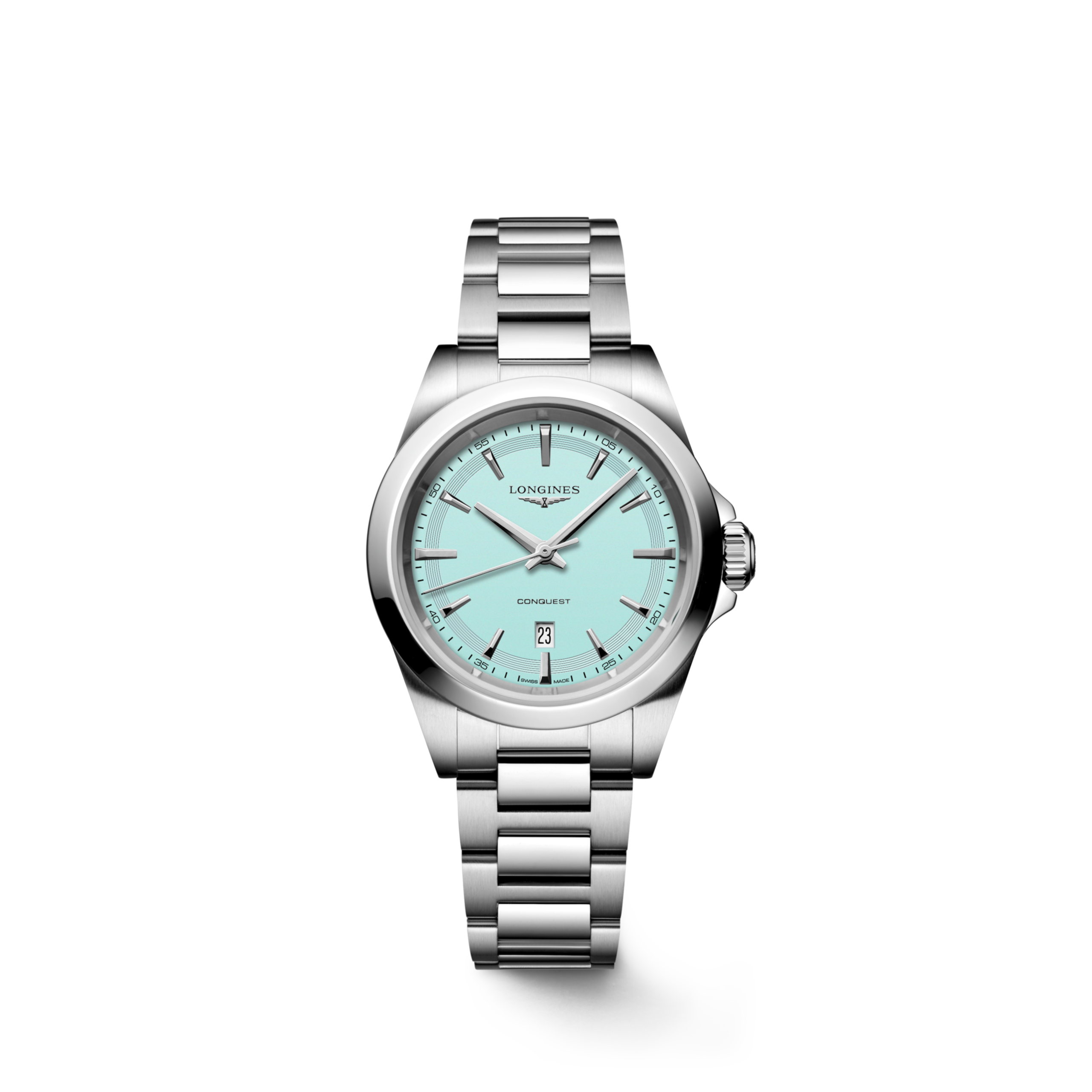 CONQUEST L3.350.4.92.6 Quartz, Acier, Bleu menthe sablé, Bracelet Watch - Vue frontale de la montre
