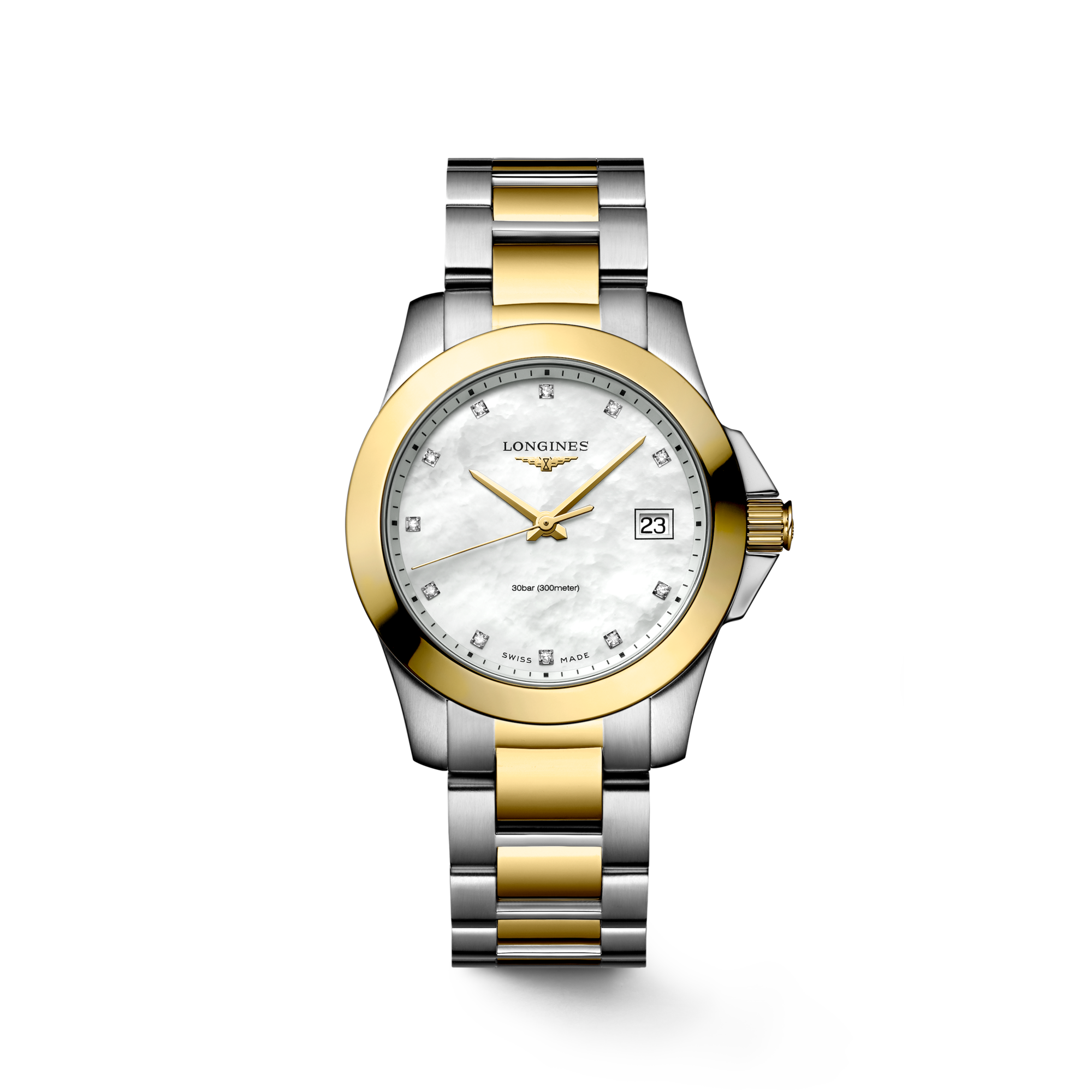 CONQUEST Quartz Stainless Steel And Yellow Pvd Coating White Mother of pearl Dial Bracelet Watch LONGINES