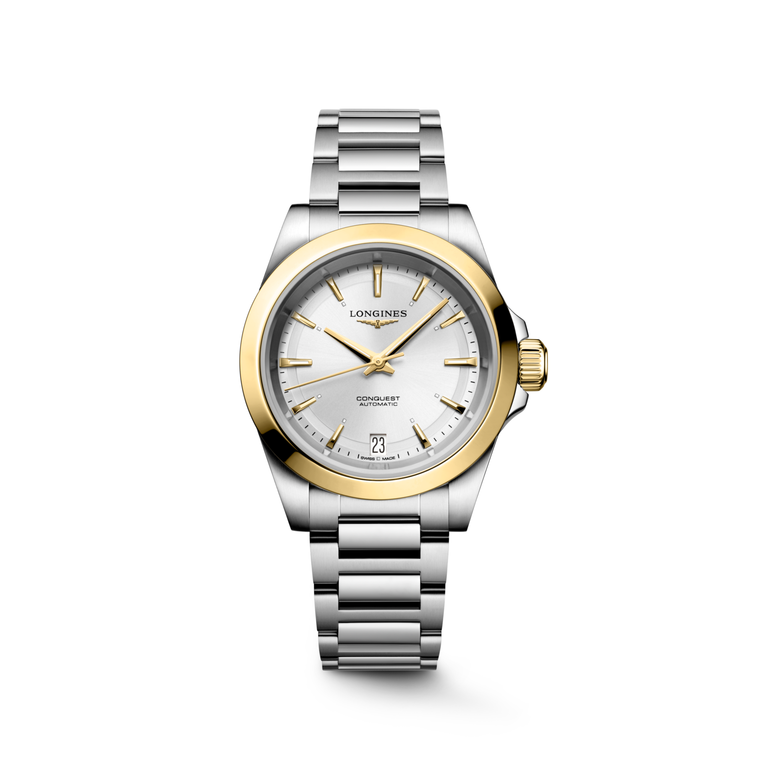 CONQUEST L3.430.5.70.6 Automatic, Stainless steel and 18 karat yellow gold cap 200, Sunray silver, Bracelet Watch - Watch soldier