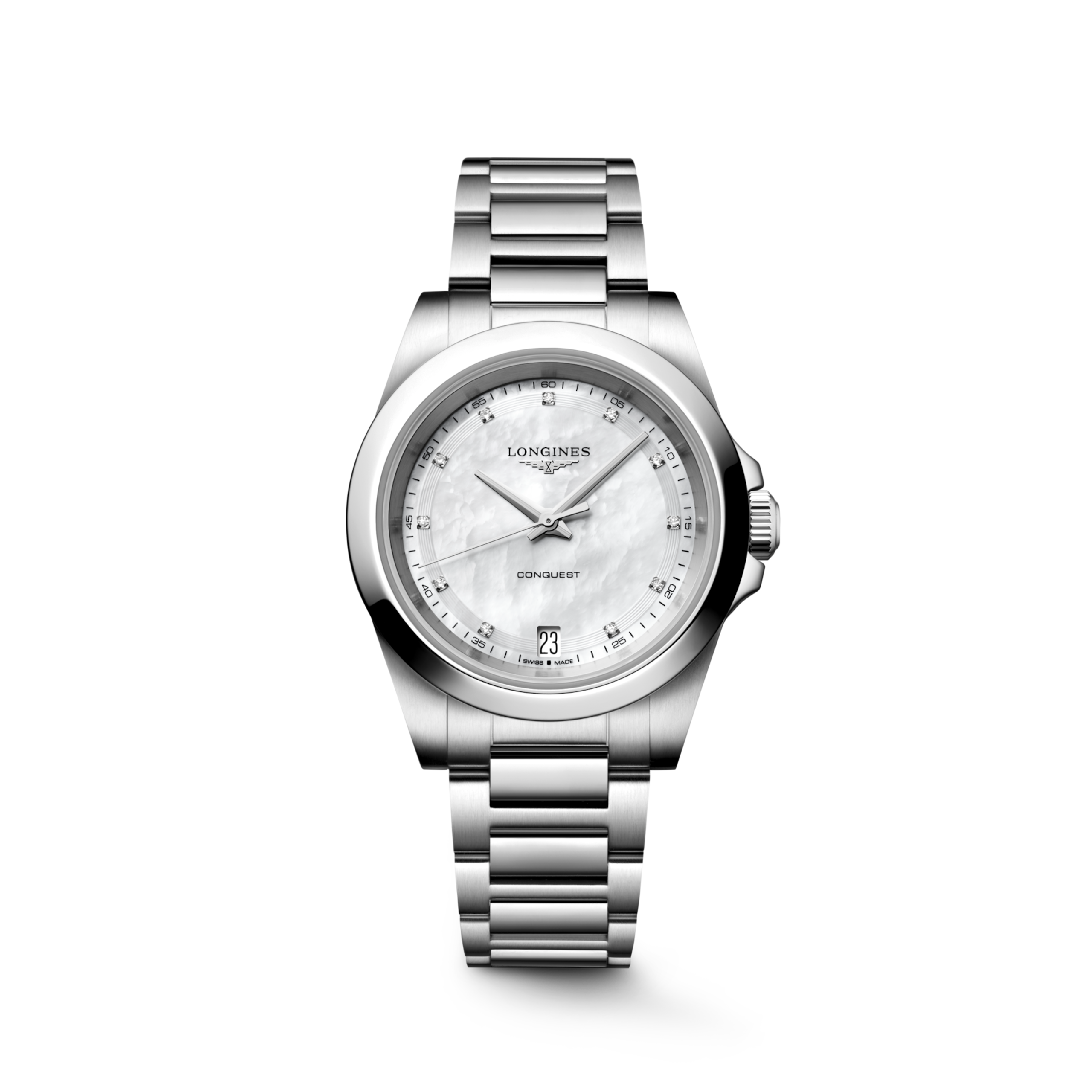 CONQUEST L3.460.4.87.6 Quartz, Acier, Nacre blanche, Bracelet Watch - Vue frontale de la montre