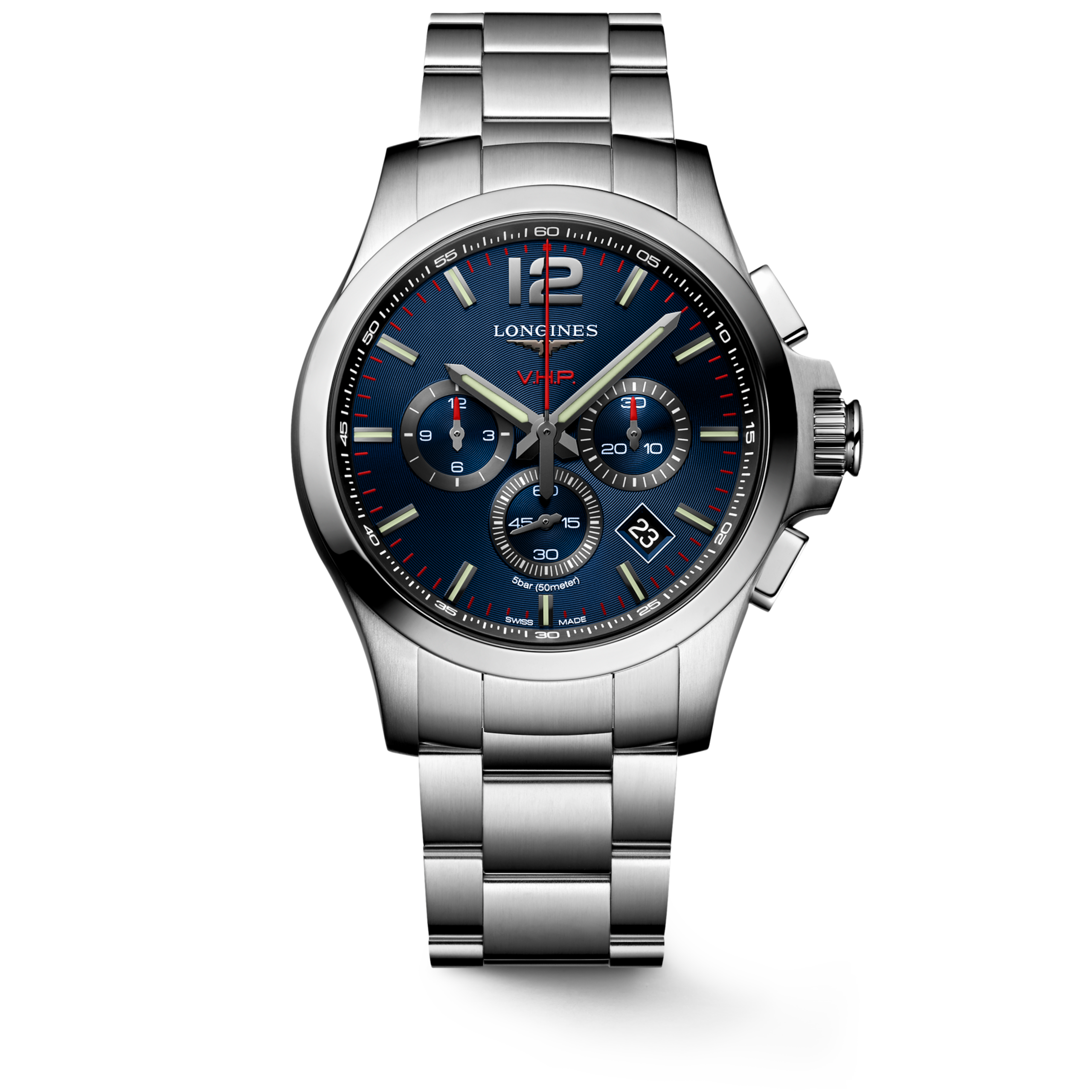 CONQUEST V.H.P. L3.727.4.96.6 Cuarzo, Acero inoxidable, Azul grabado, Brazalete Watch - Soldado de relojes