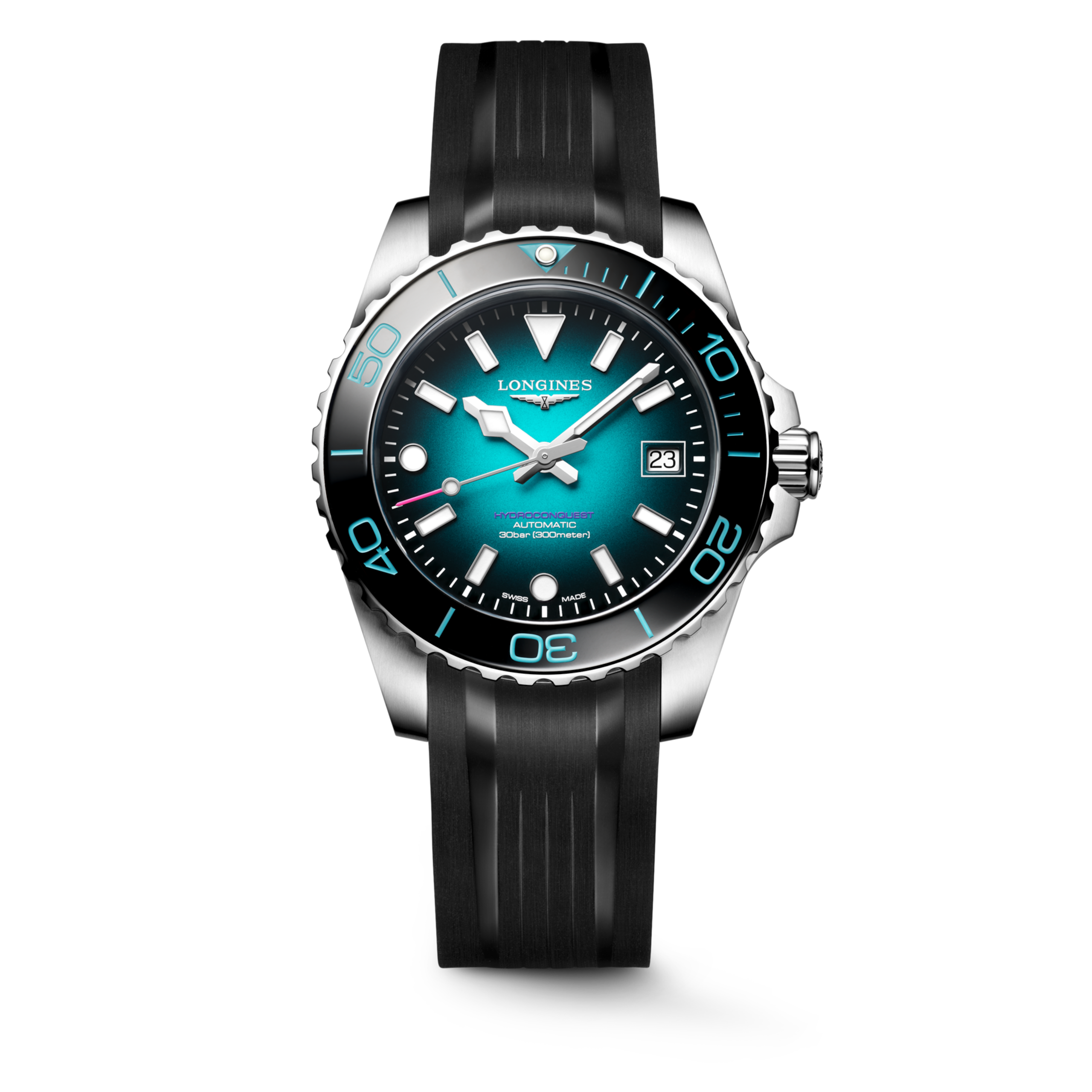 HYDROCONQUEST 2026 COMMONWEALTH GAMES L3.779.4.09.9 Automatico, Acciaio inossidabile e lunetta in ceramica, Verde acqua sfumato laccato lucido
, Cinturino Watch - Orologio militare
