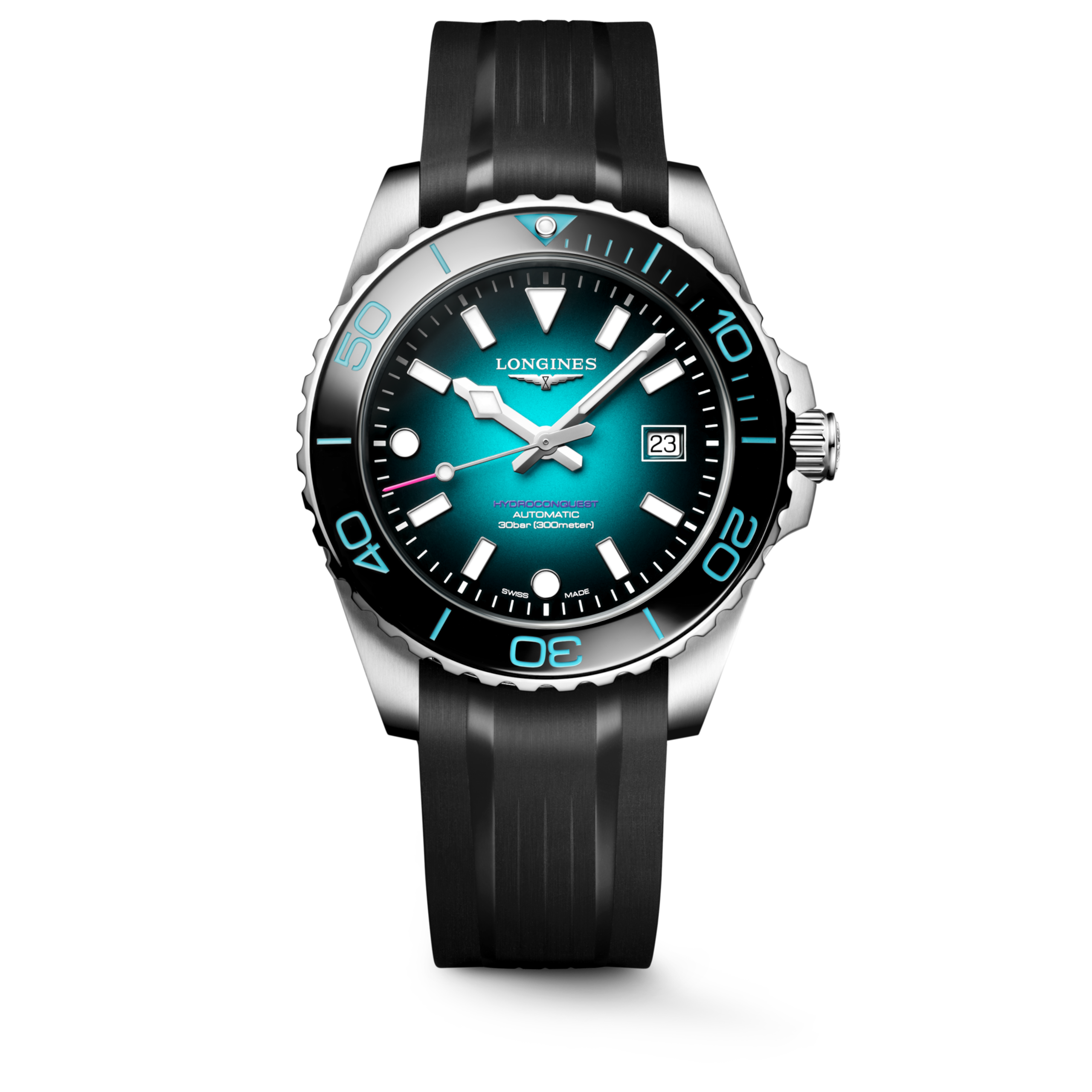 HYDROCONQUEST 2026 COMMONWEALTH GAMES L3.788.4.09.9 Automatico, Acciaio inossidabile e lunetta in ceramica, Verde acqua sfumato laccato lucido
, Cinturino Watch - Orologio militare
