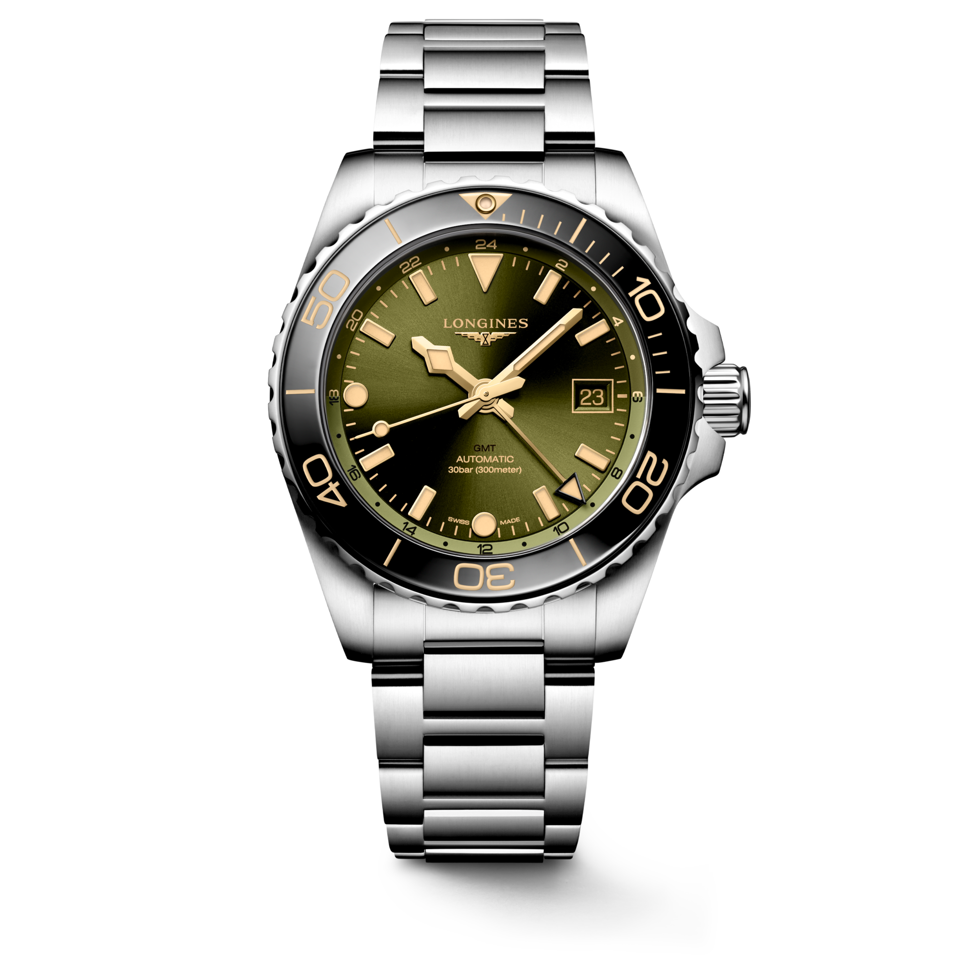 HYDROCONQUEST GMT Automatic Stainless Steel And Ceramic Bezel Sunray Green Dial Bracelet Watch LONGINES