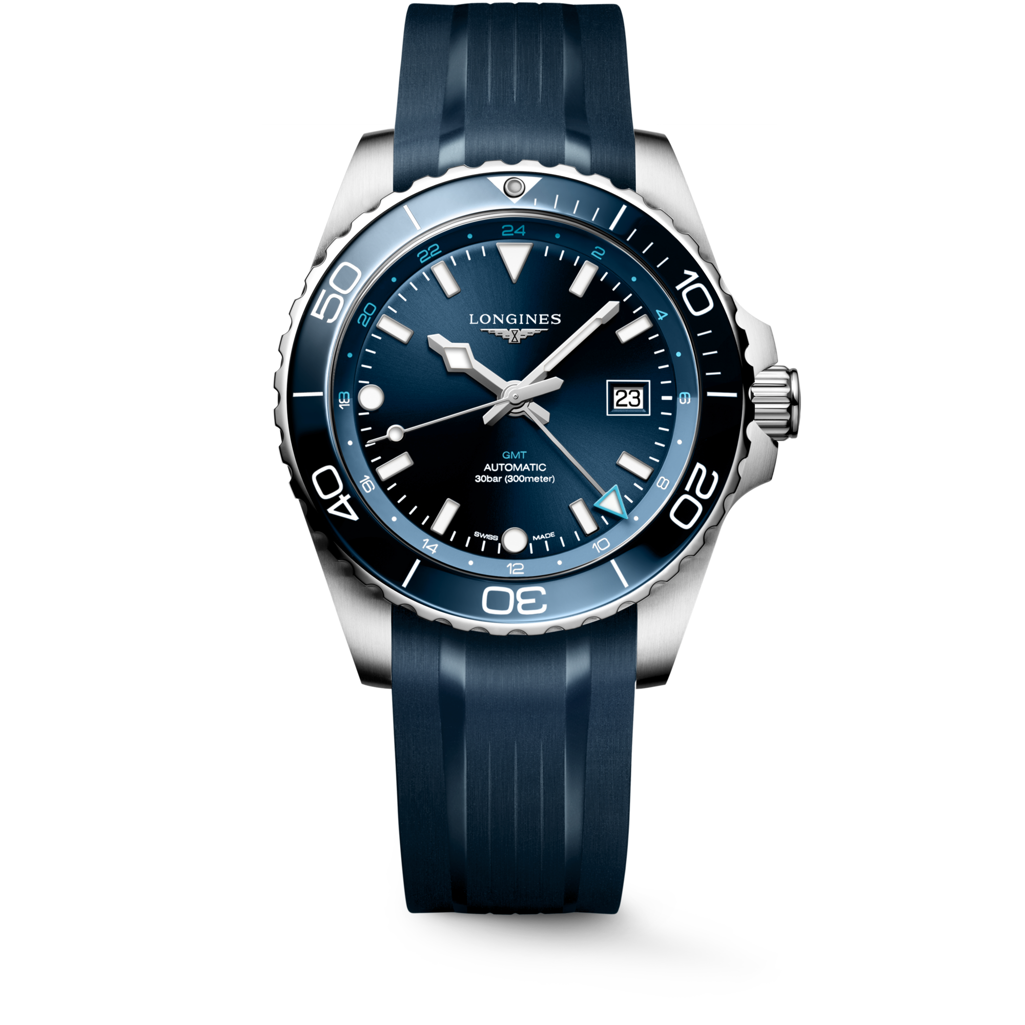 HYDROCONQUEST GMT Automatic Stainless Steel And Ceramic Bezel Sunray Blue Dial Strap Watch LONGINES NL