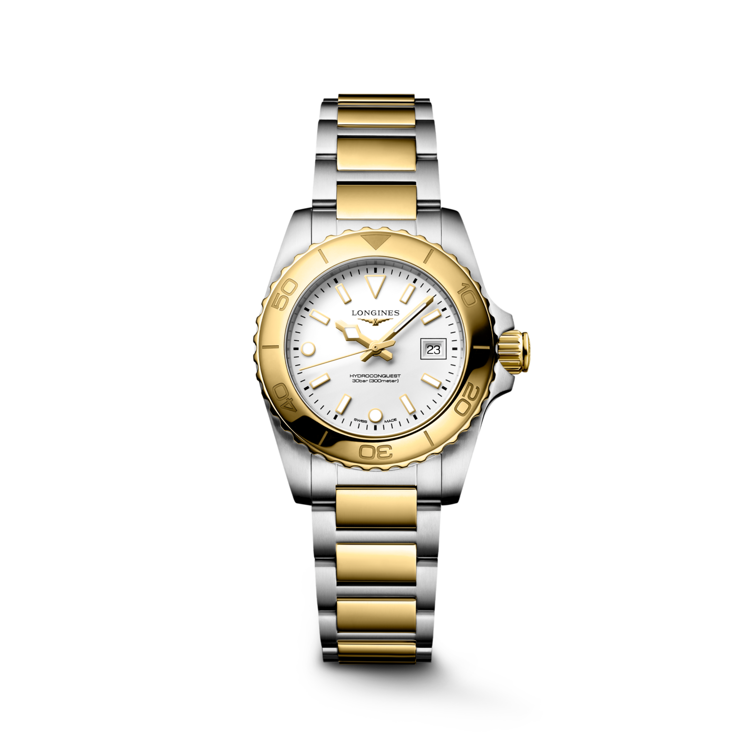 HYDROCONQUEST L3.369.3.12.7 Quartz, Stainless steel and yellow PVD coating, White matt, Bracelet Watch - Watch soldier