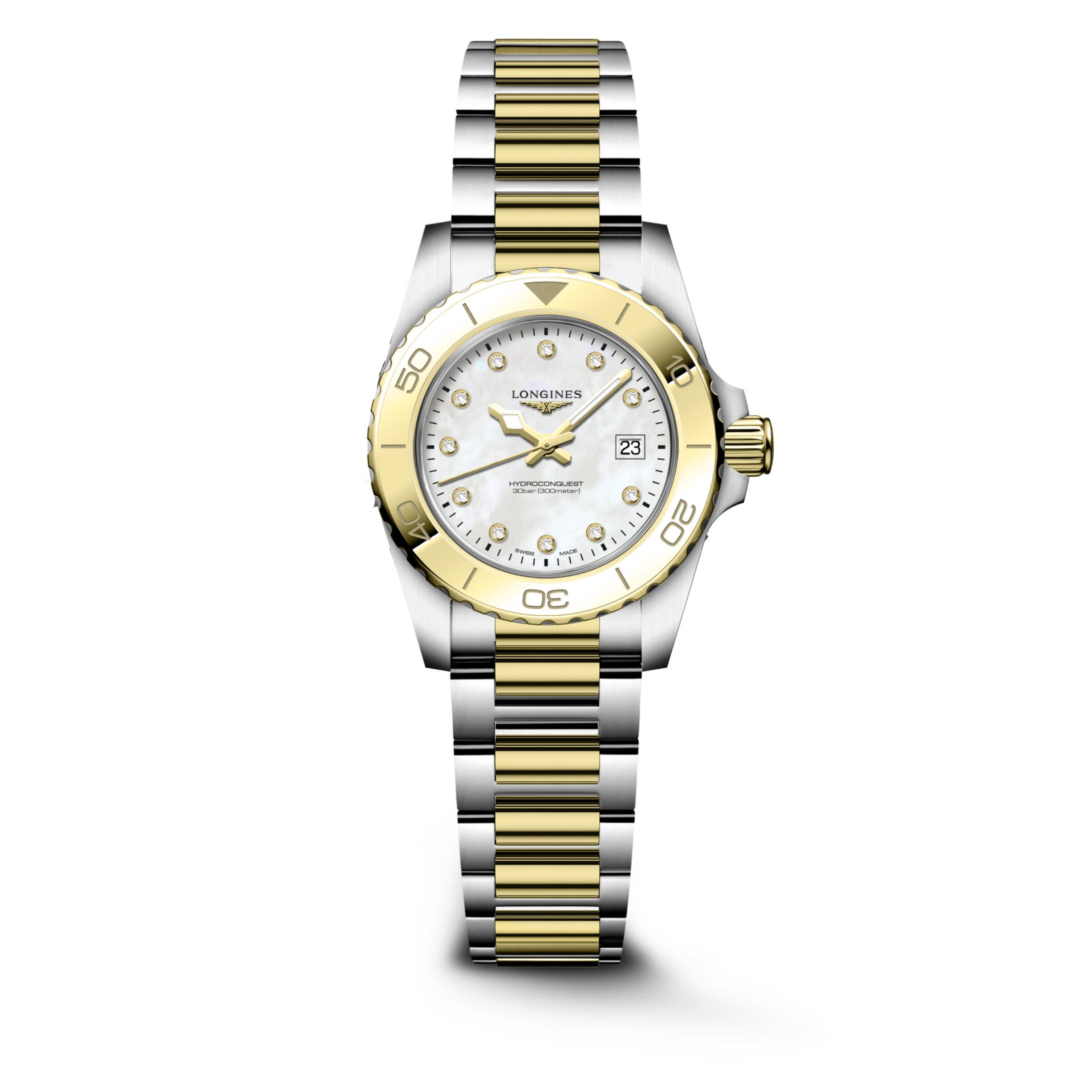 HYDROCONQUEST L3.369.3.87.7 Quartz, Stainless steel and yellow PVD coating, White mother-of-pearl, Bracelet Watch - Watch soldier