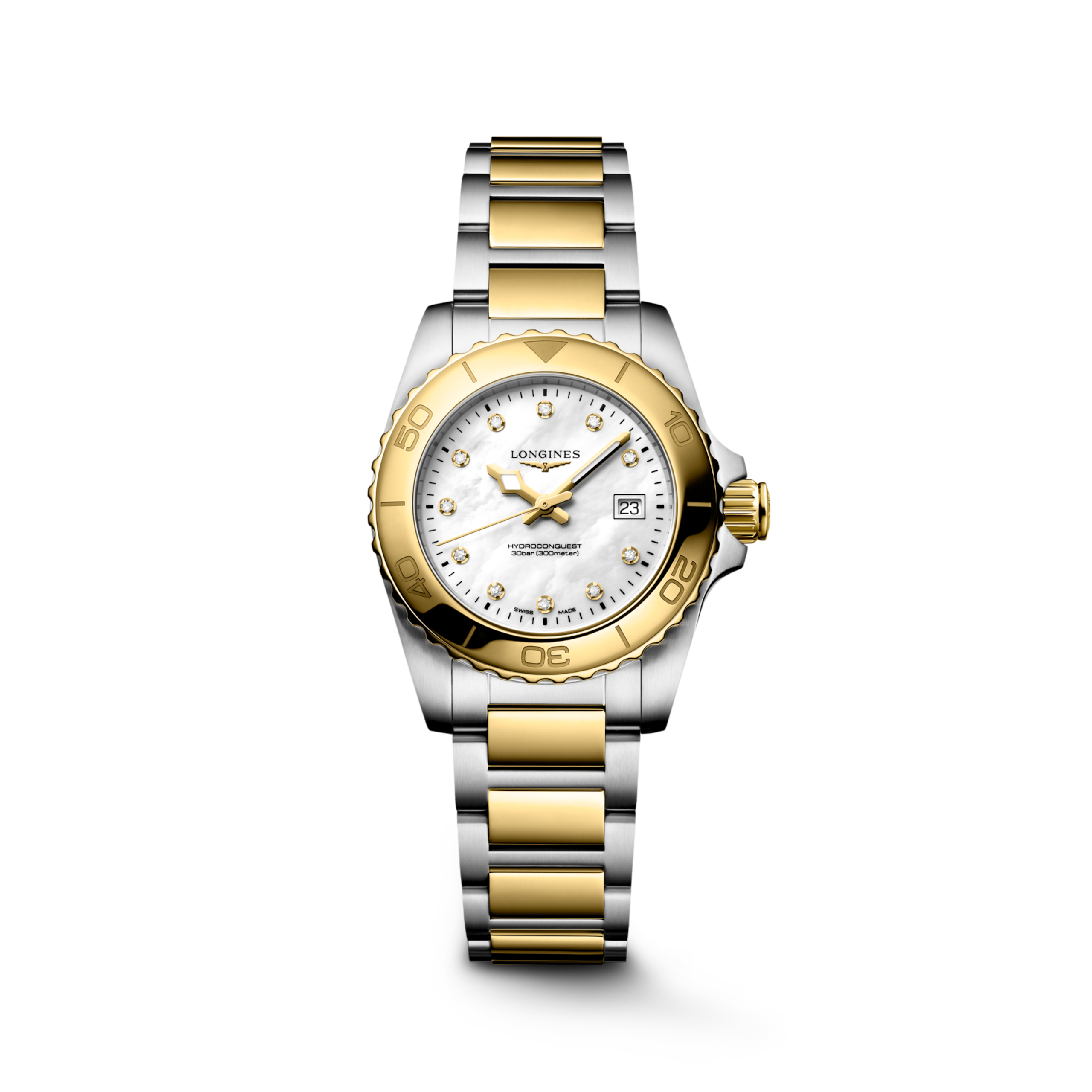 HYDROCONQUEST L3.369.3.87.7 Quartz, Stainless steel and yellow PVD coating, White mother-of-pearl, Bracelet Watch - Watch soldier