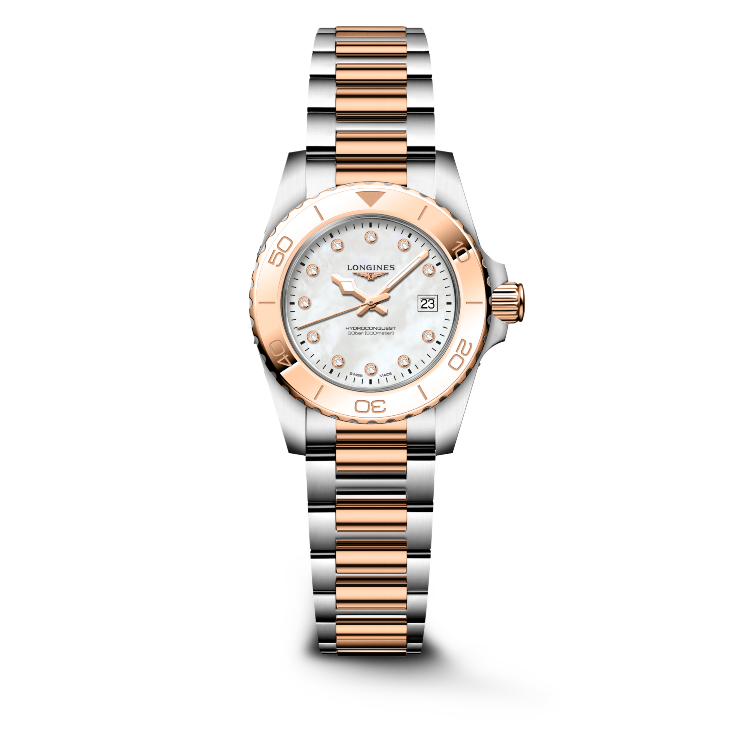 HYDROCONQUEST L3.369.3.88.7 Quartz, Stainless steel and red PVD coating, White mother-of-pearl, Bracelet Watch - Watch soldier