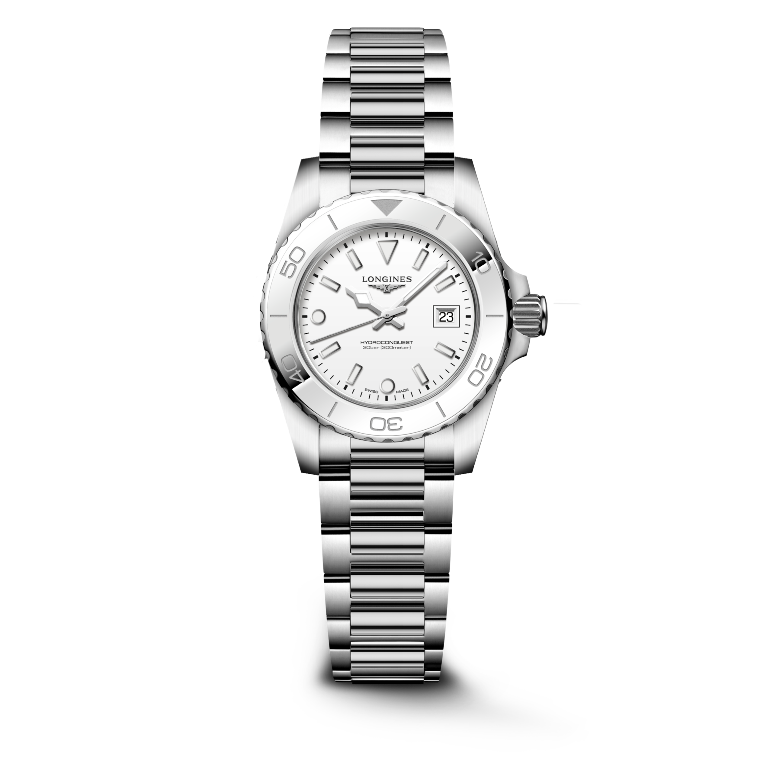 HYDROCONQUEST L3.369.4.12.6 Quartz, Acier, Blanc mat, Bracelet Watch - Vue frontale de la montre