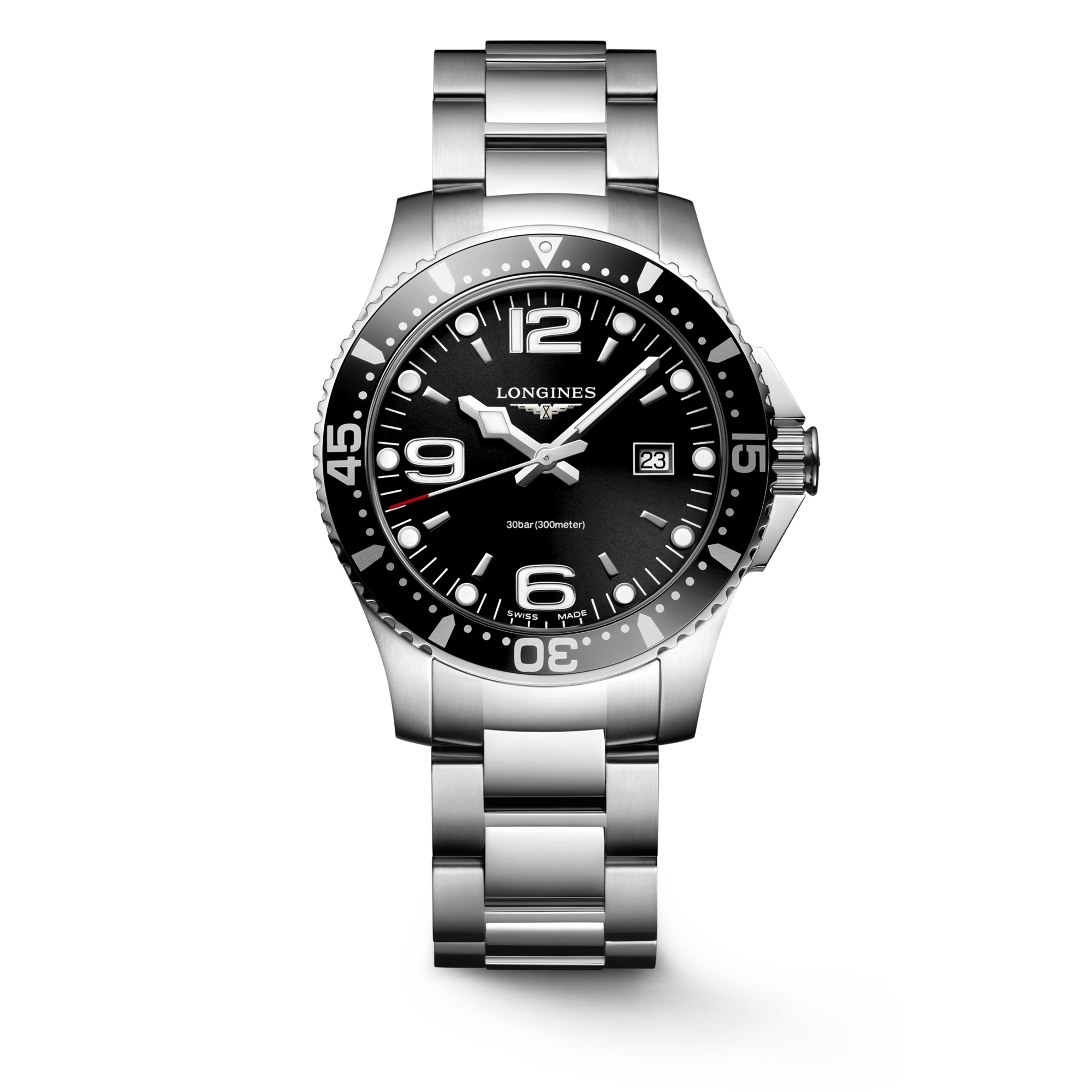 HYDROCONQUEST Quartz Stainless Steel Sunray Black Dial Bracelet Watch LONGINES MY