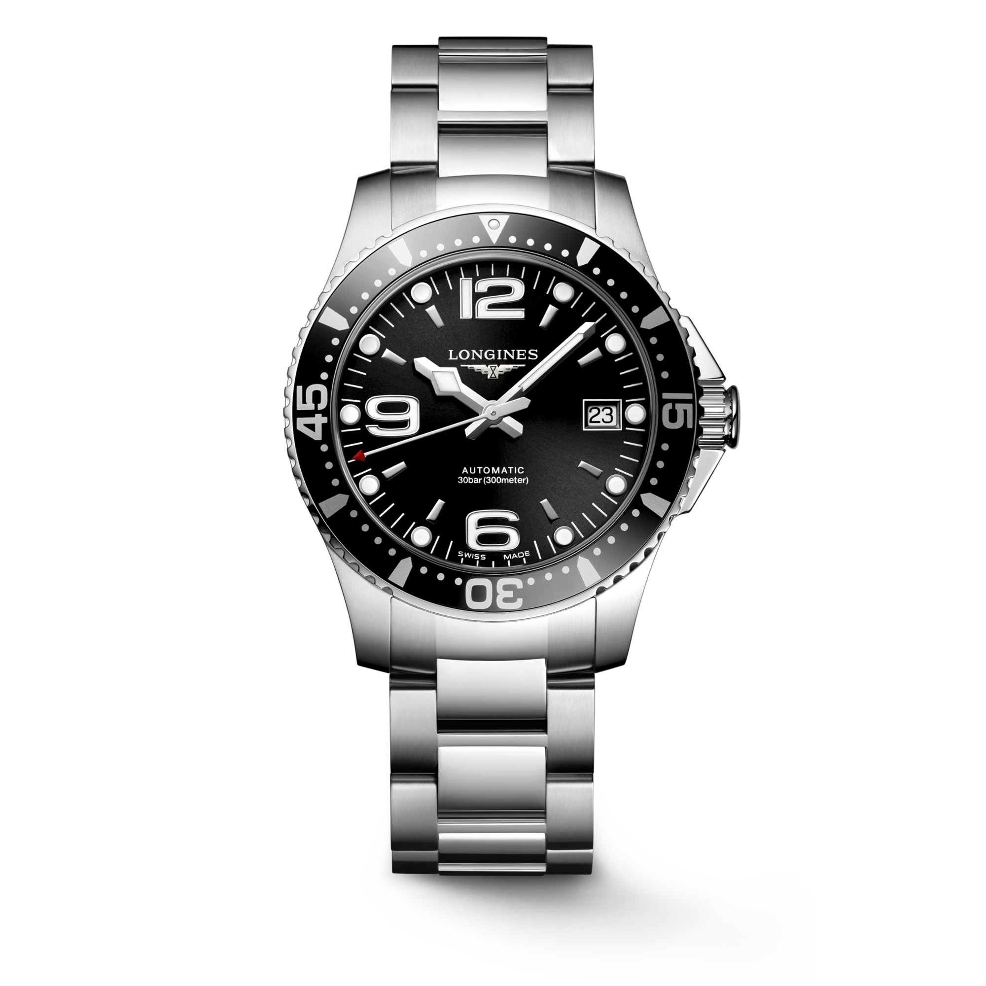 HYDROCONQUEST Automatic Stainless Steel Sunray Black Dial Bracelet Watch LONGINES IN