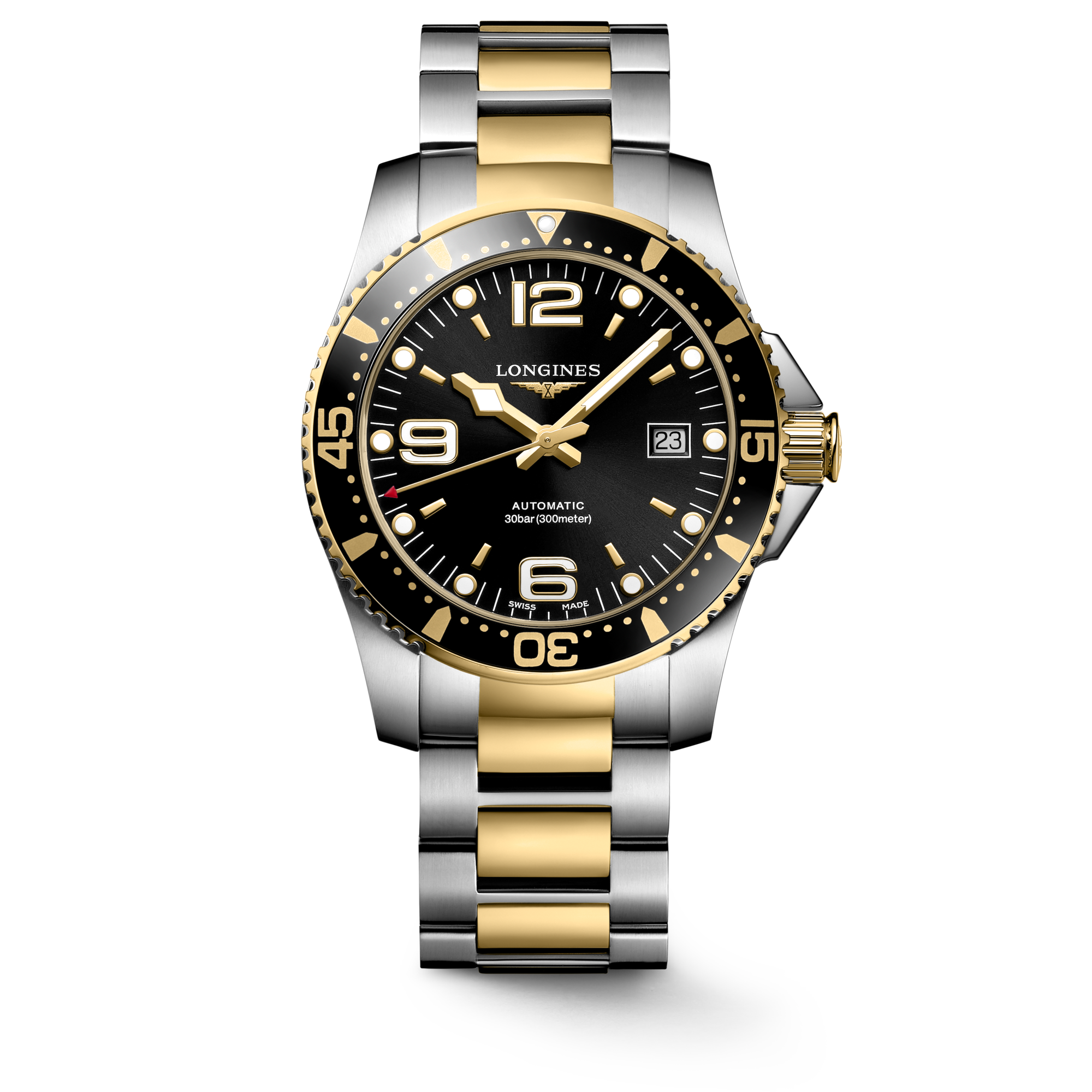 HYDROCONQUEST Automatic Stainless Steel And Yellow Pvd Coating Sunray Black Dial Bracelet Watch LONGINES