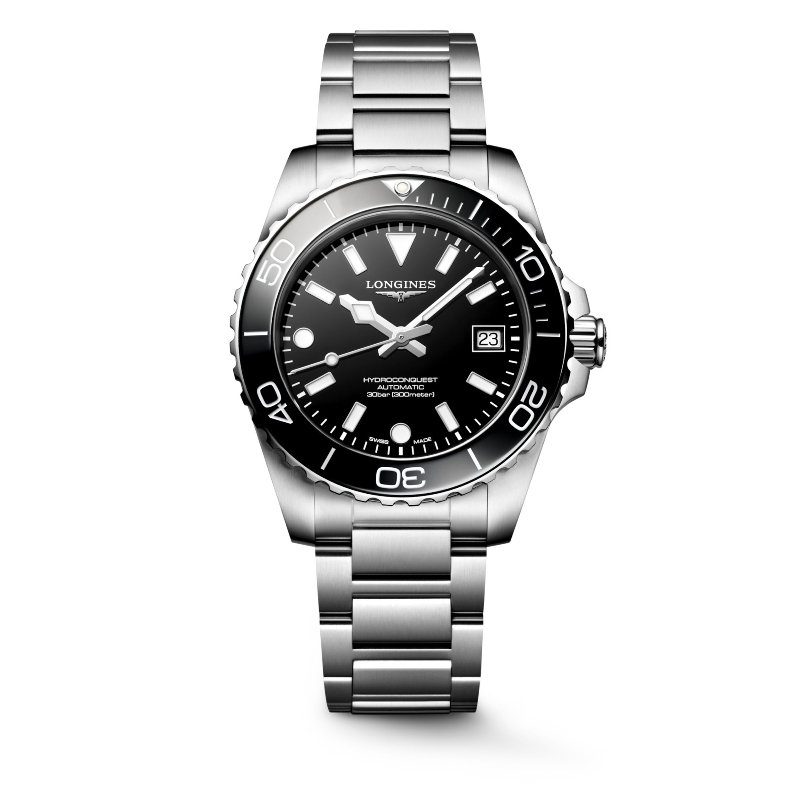 HYDROCONQUEST L3.779.4.56.6 Automatique, Acier inoxydable et lunette en céramique, Noir laqué poli, Bracelet Watch - Vue frontale de la montre