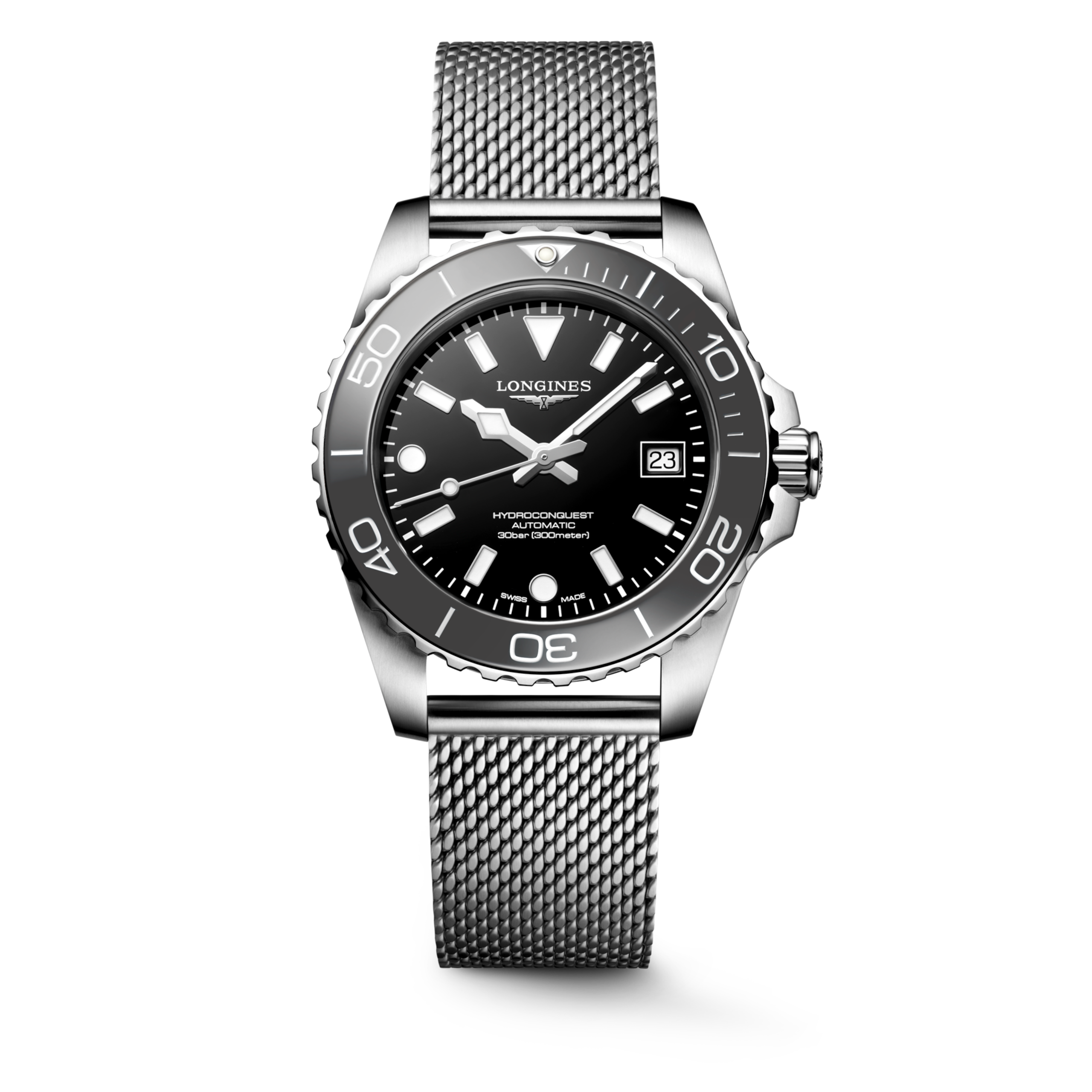 HYDROCONQUEST L3.779.4.70.6 Automatique, Acier inoxydable et lunette en céramique, Noir laqué poli, Bracelet Watch - Vue frontale de la montre