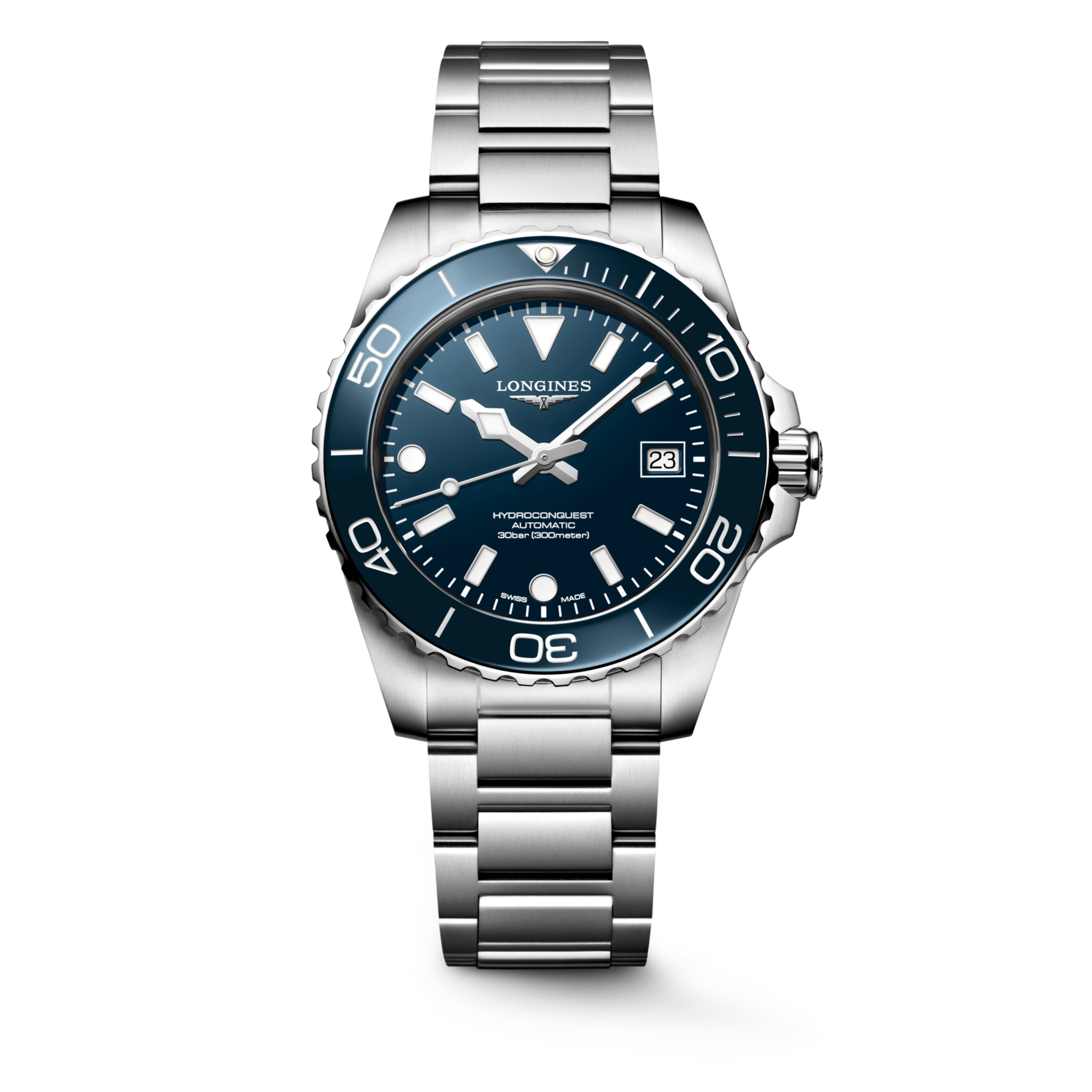 HYDROCONQUEST L3.779.4.96.6 Automatique, Acier inoxydable et lunette en céramique, Bleu laqué poli, Bracelet Watch - Vue frontale de la montre