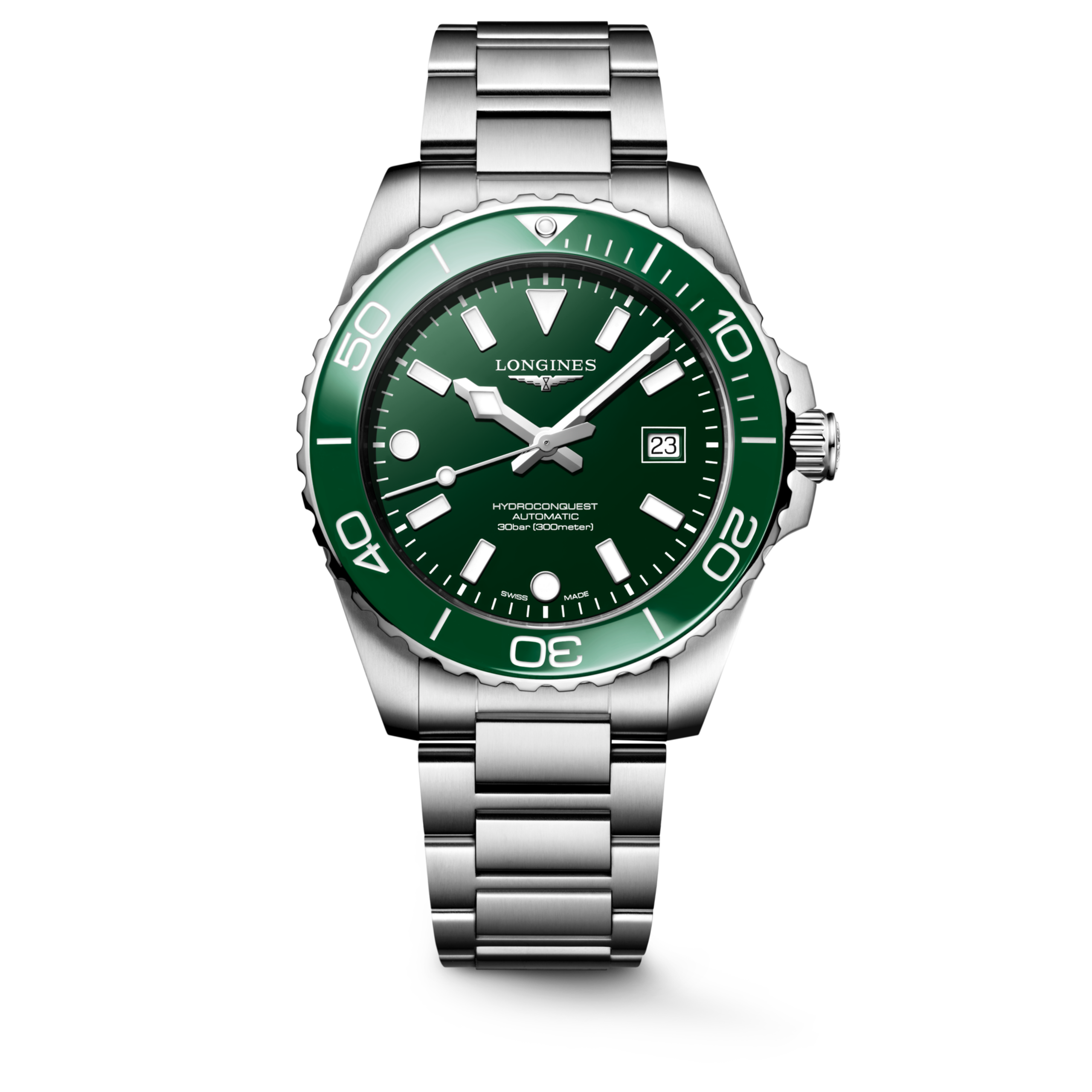 HYDROCONQUEST L3.788.4.06.6 Automatique, Acier inoxydable et lunette en céramique, Vert laqué poli, Bracelet Watch - Vue frontale de la montre