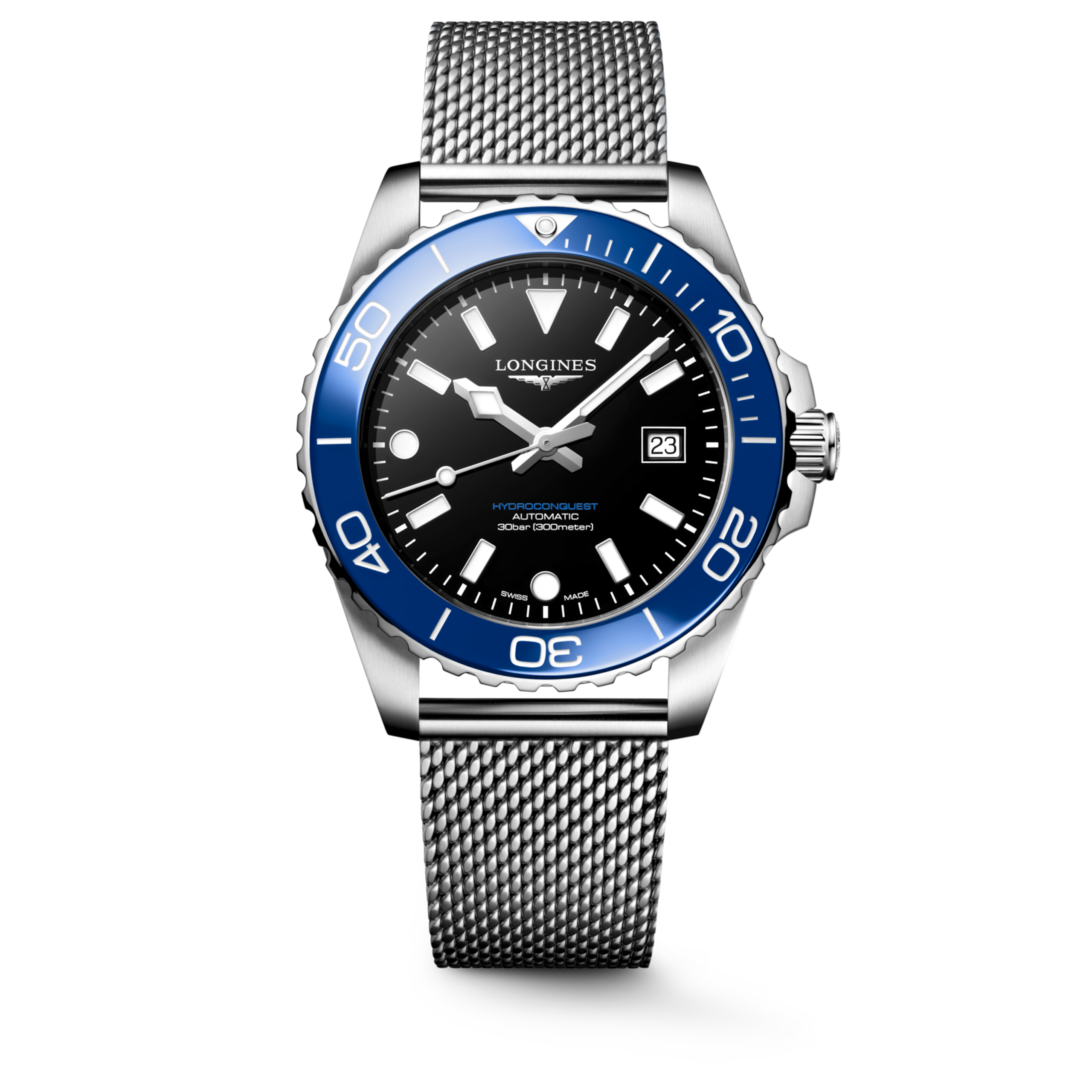 HYDROCONQUEST L3.788.4.90.6 Automatique, Acier inoxydable et lunette en céramique, Noir laqué poli, Bracelet Watch - Vue frontale de la montre