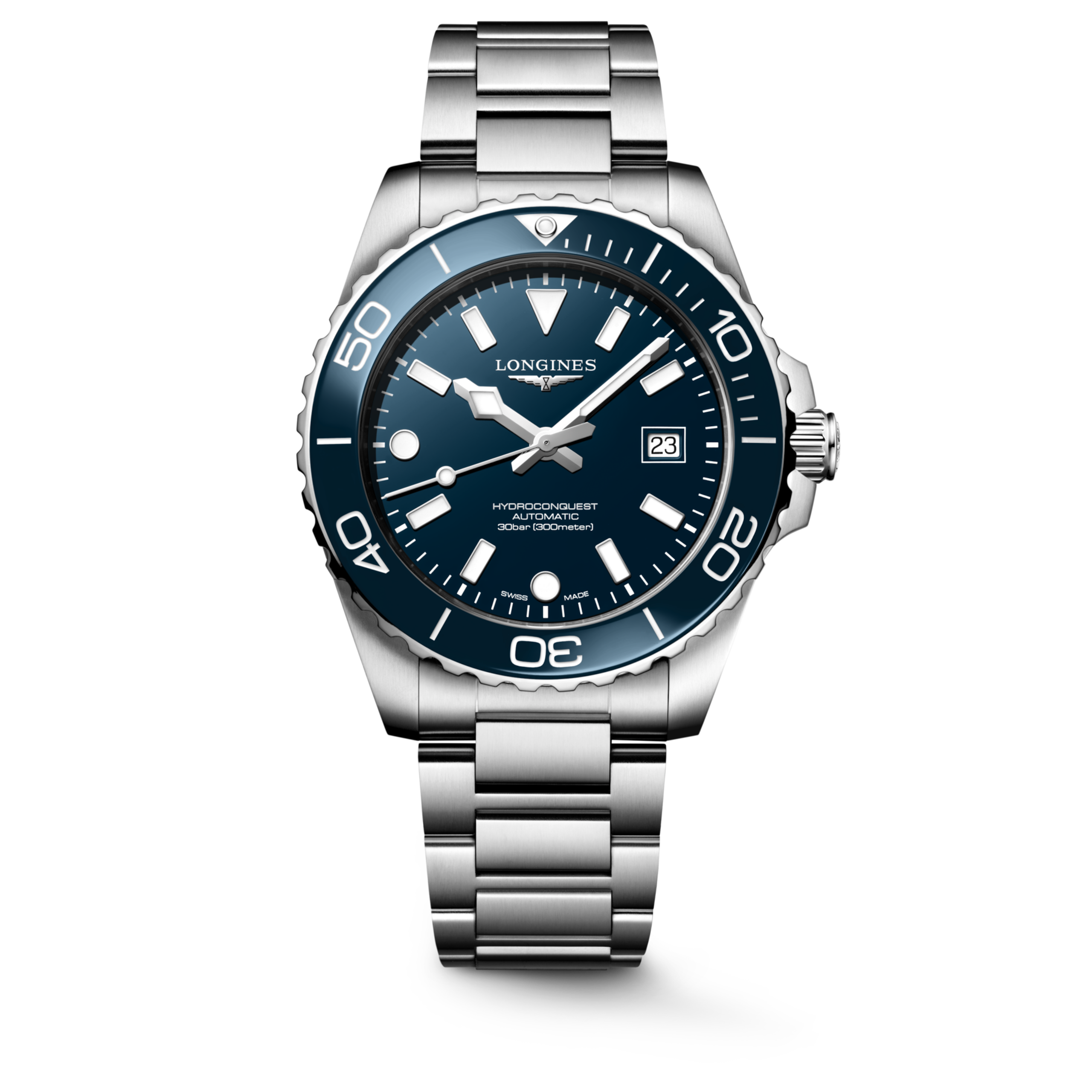 HYDROCONQUEST L3.788.4.96.6 Automatique, Acier inoxydable et lunette en céramique, Bleu laqué poli, Bracelet Watch - Vue frontale de la montre