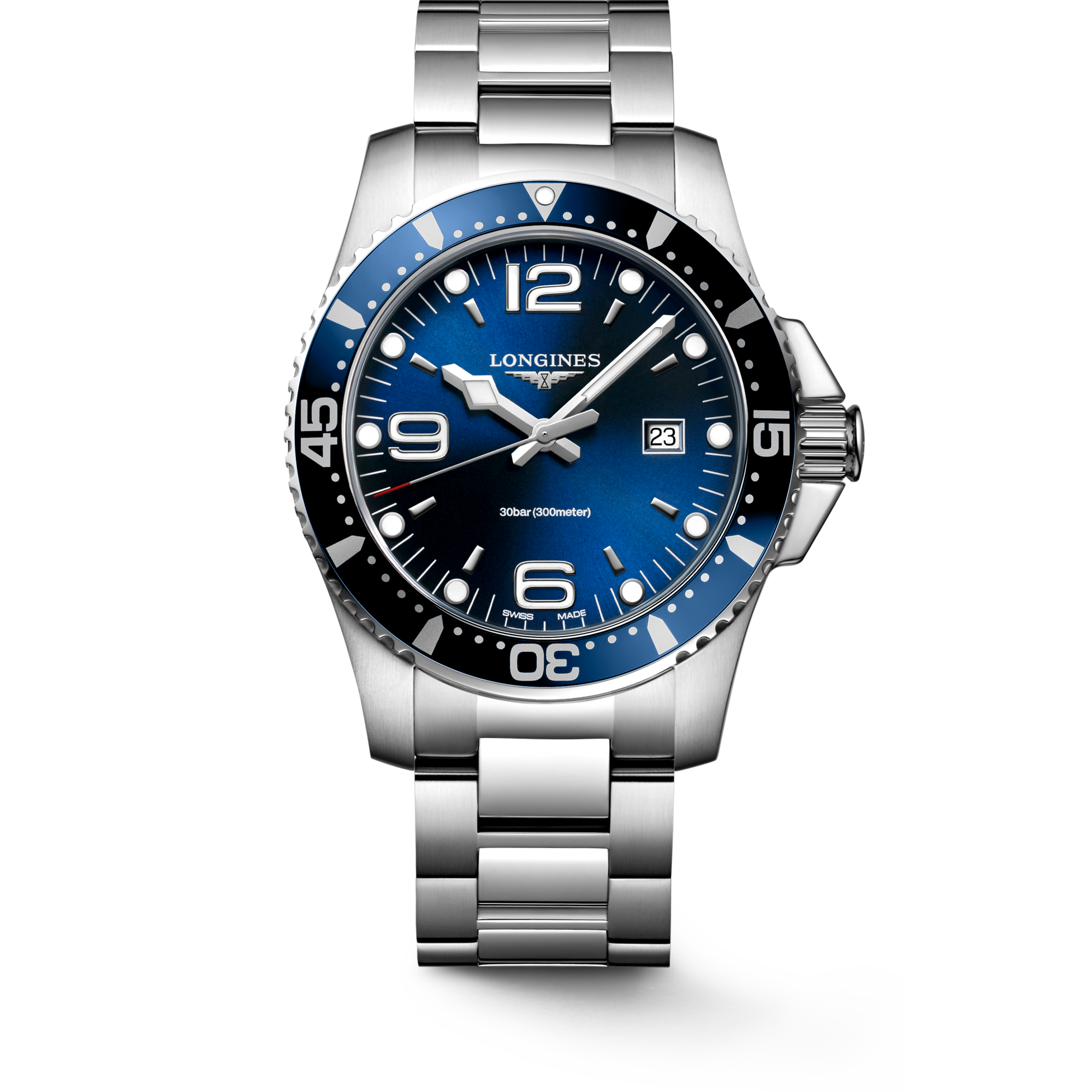 HYDROCONQUEST Quartz Stainless Steel Sunray Blue Dial Bracelet Watch LONGINES NL