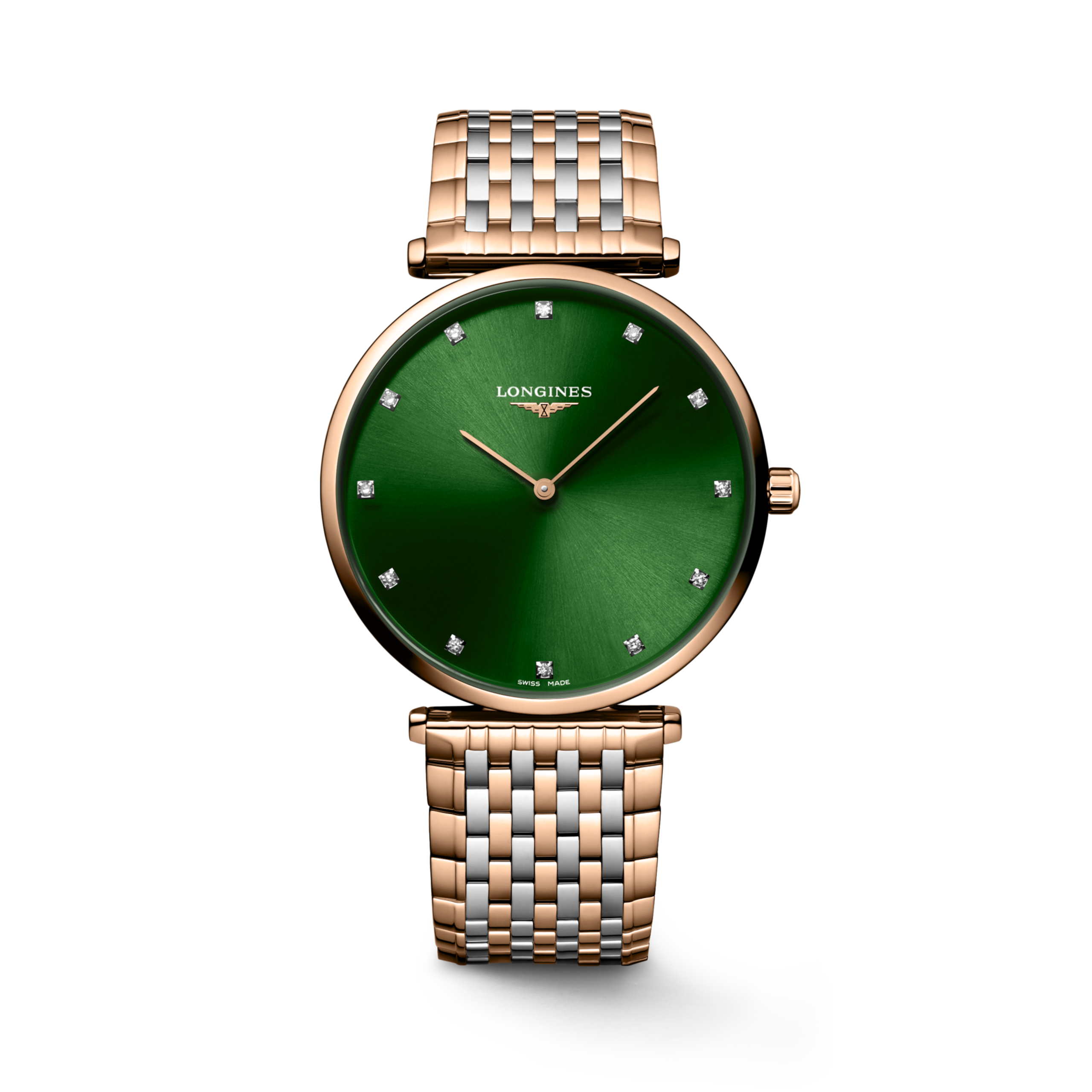 LA GRANDE CLASSIQUE DE LONGINES L4.866.1.08.7 Quartz, Roestvrij staal en rosé PVD-coating, Sunray green, Band Watch - Soldatenhorloge