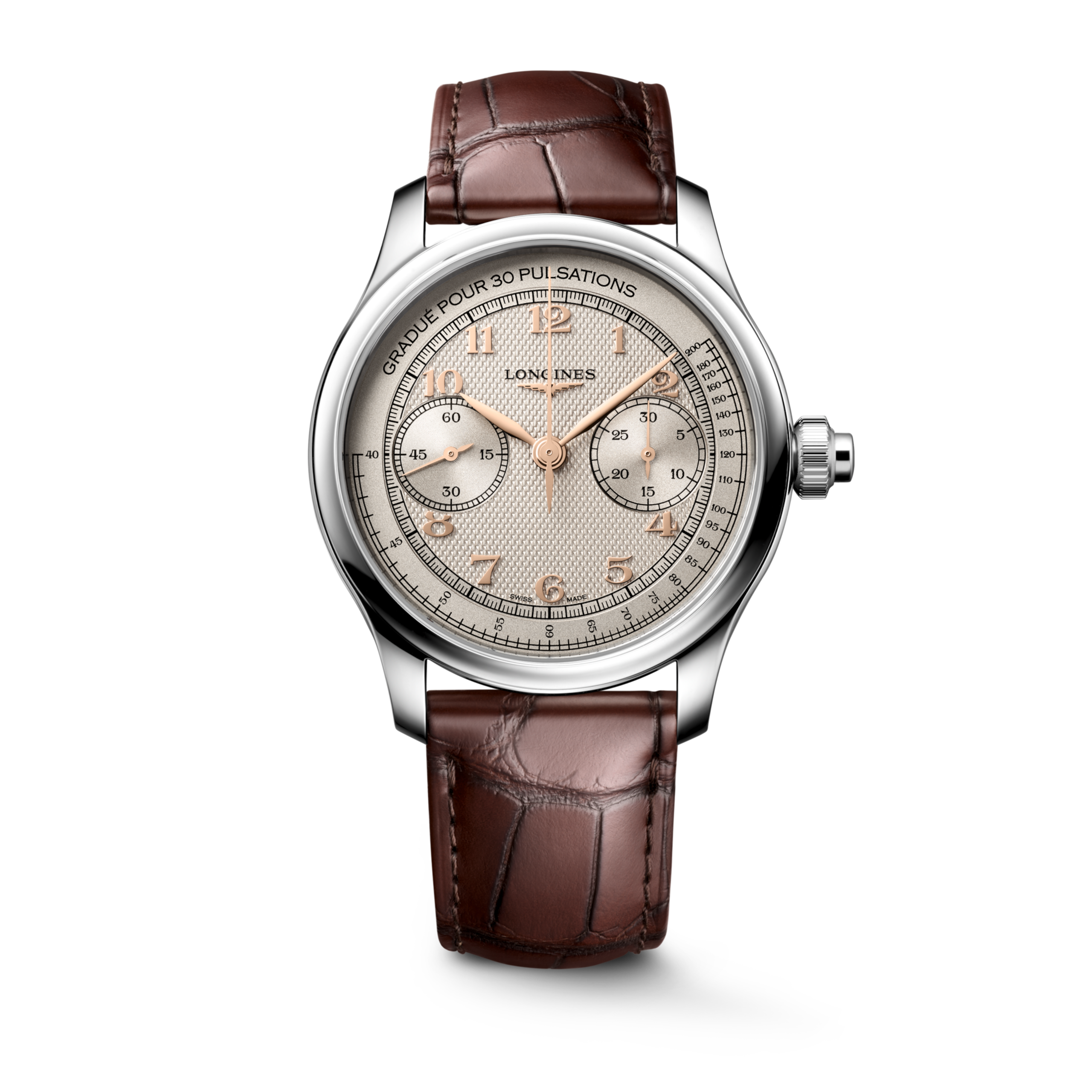LONGINES MASTER COLLECTION CHRONO MONOPUSHER L2.960.4.78.2 Handaufzug, Edelstahl, Elfenbein mit Gerstenkorn-Muster, Armband Watch - Uhren-Soldier