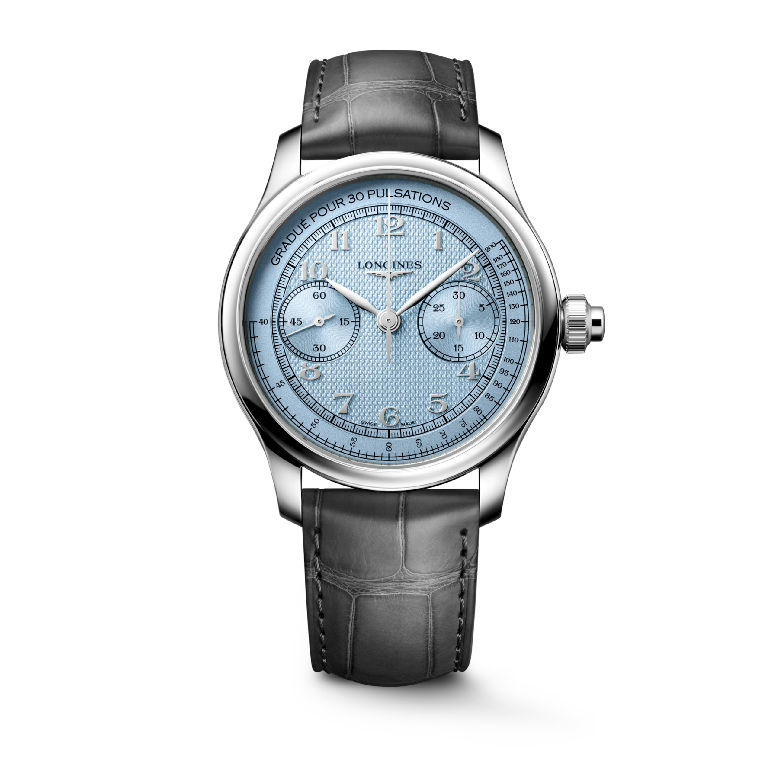 LONGINES MASTER COLLECTION CHRONO MONOPUSHER L2.960.4.93.2 Manuel, Acier, Bleu givré grain d'orge
, Bracelet Watch - Vue frontale de la montre