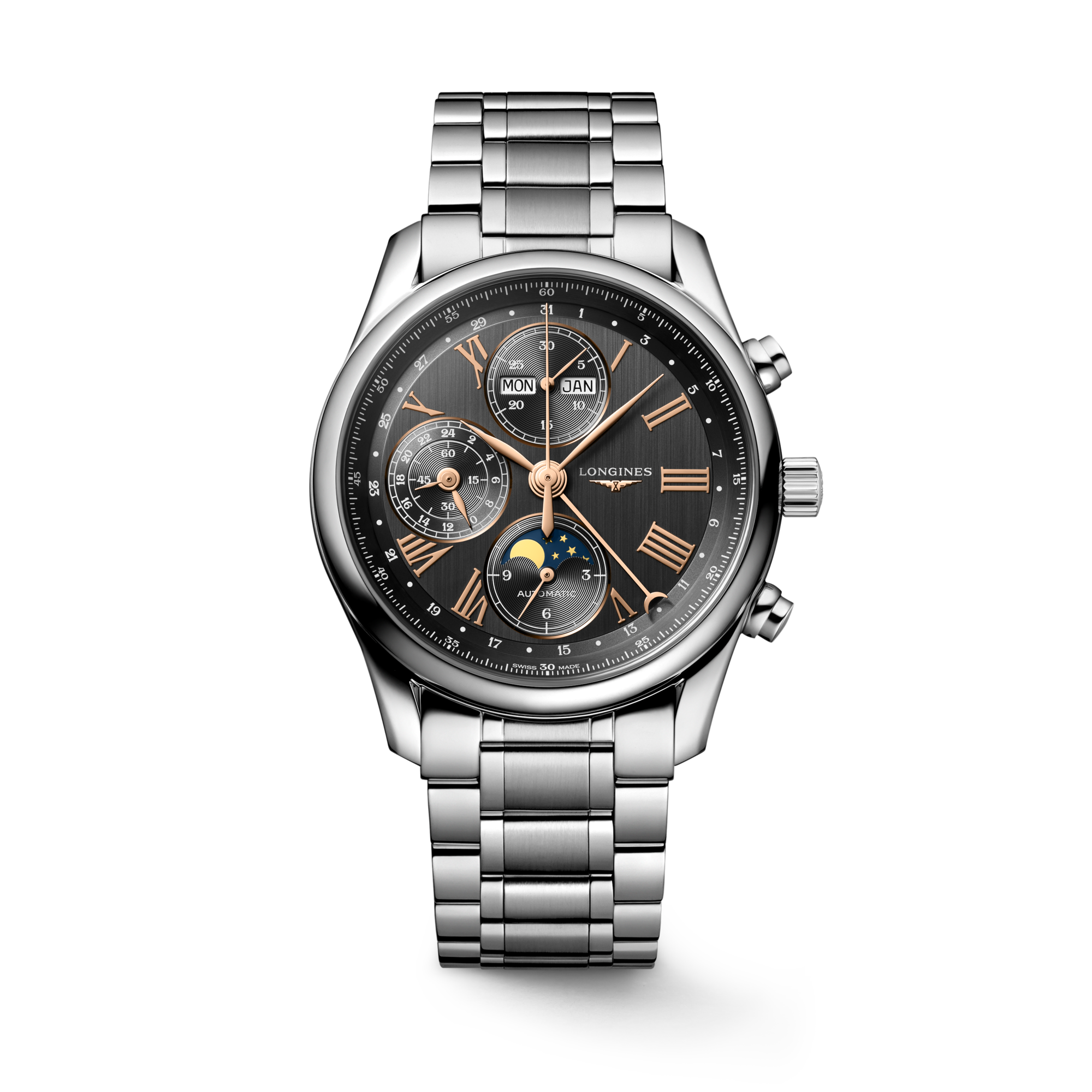 LONGINES MASTER COLLECTION CHRONO MOONPHASE Automatic Stainless Steel Anthracite Dial Bracelet Watch LONGINES