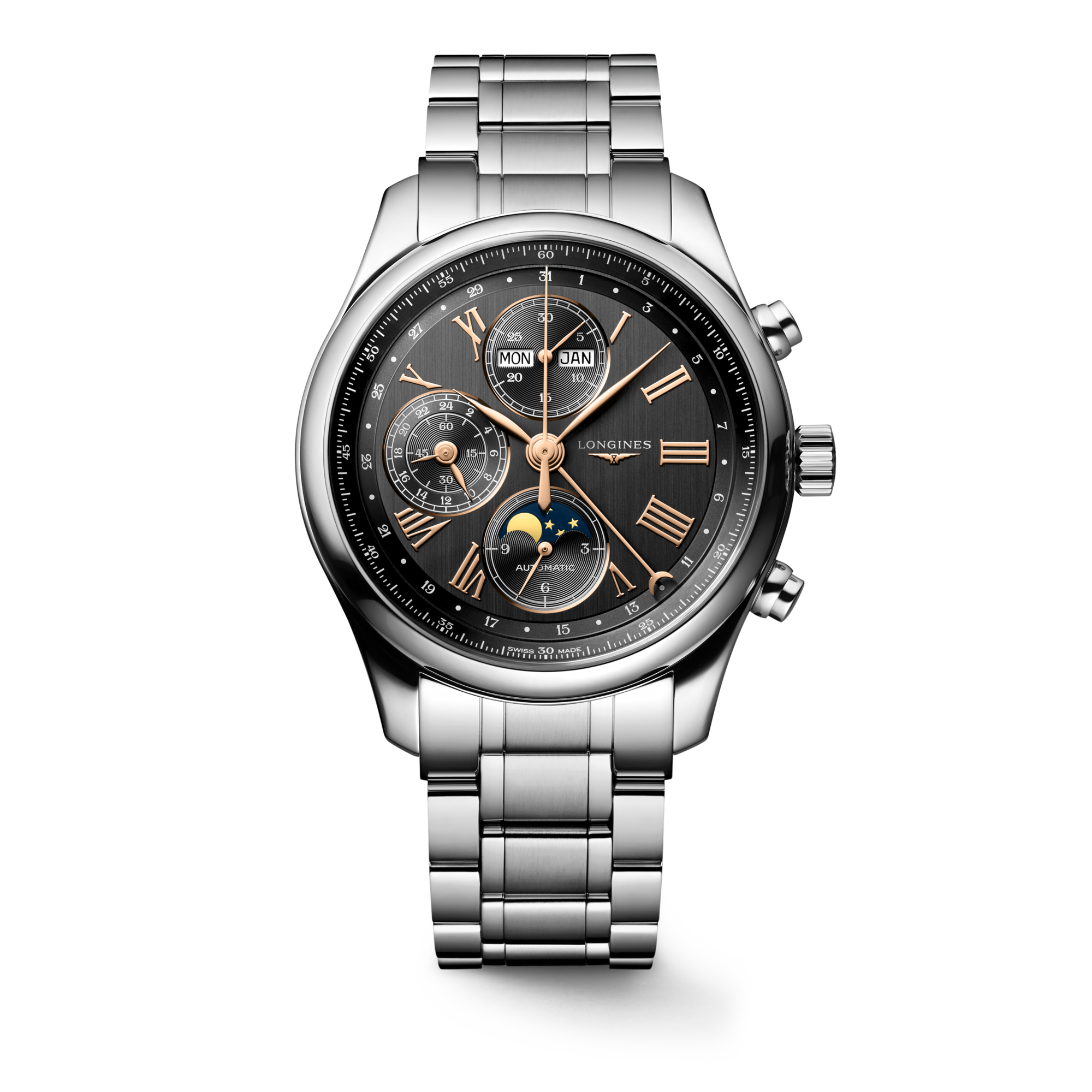 LONGINES MASTER COLLECTION CHRONO MOONPHASE Automatic Stainless Steel Anthracite Dial Bracelet Watch LONGINES