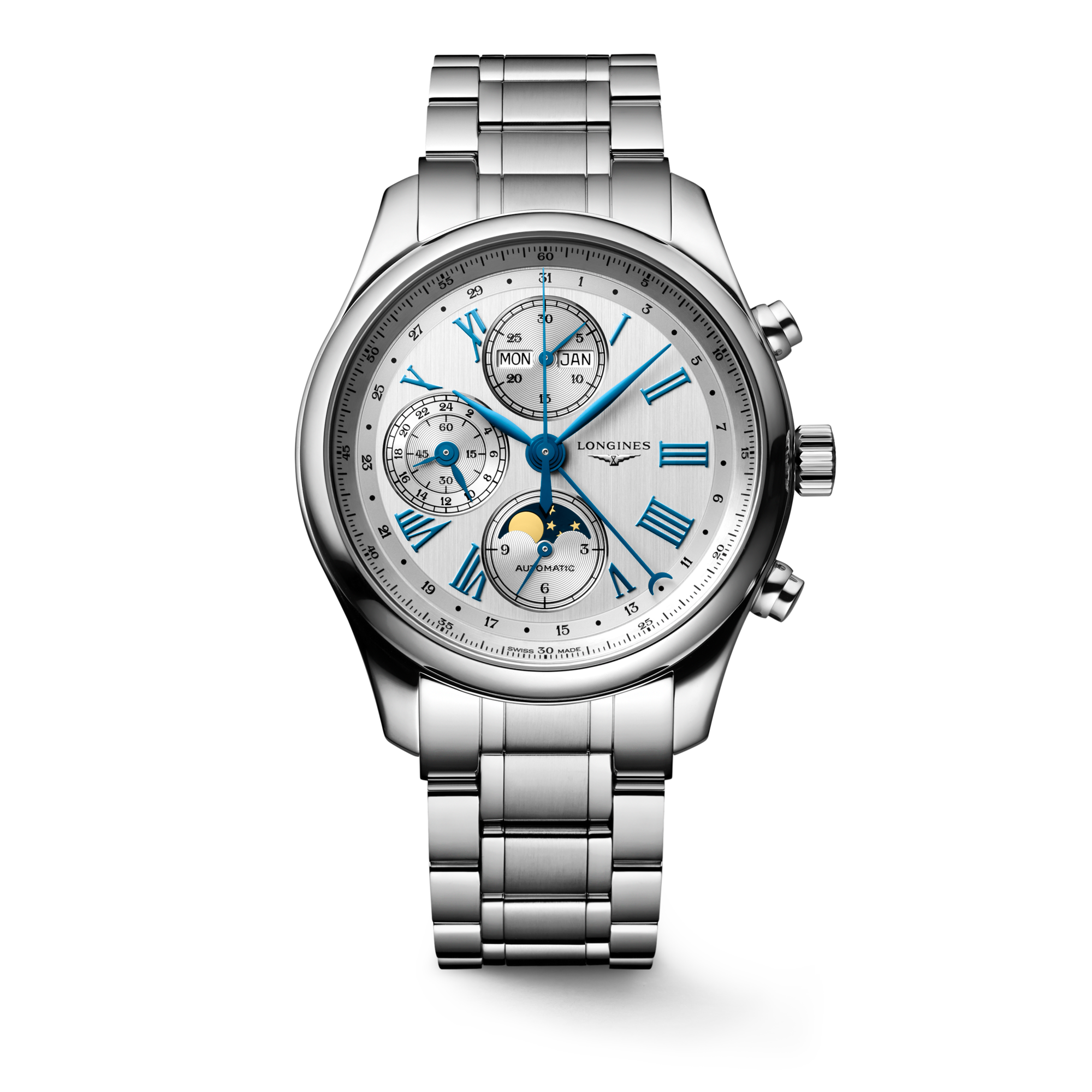 LONGINES MASTER COLLECTION CHRONO MOONPHASE Automatic Stainless Steel Silver Dial Bracelet Watch LONGINES