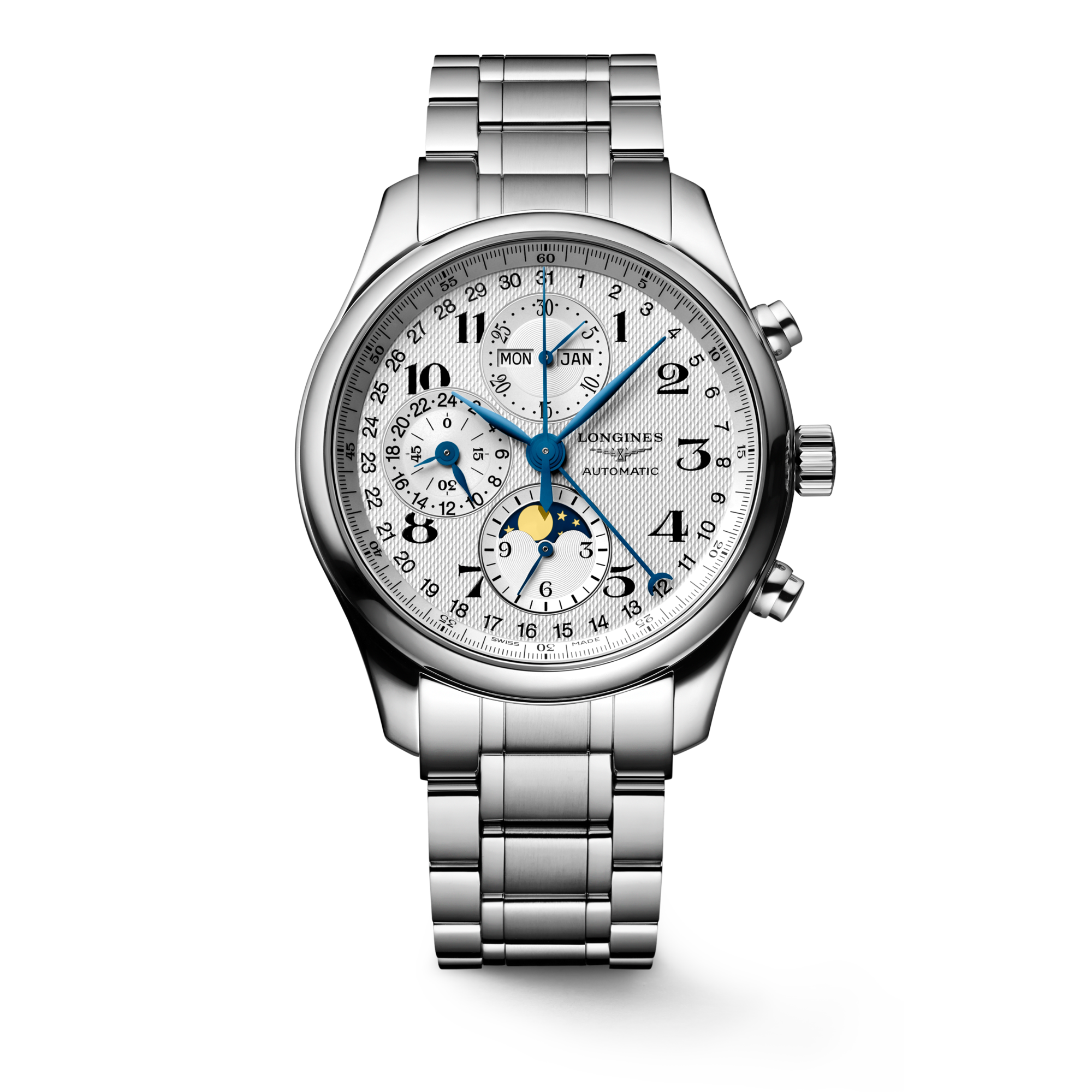 LONGINES MASTER COLLECTION CHRONO MOONPHASE Automatic Stainless Steel Silver barleycorn Dial Bracelet Watch LONGINES