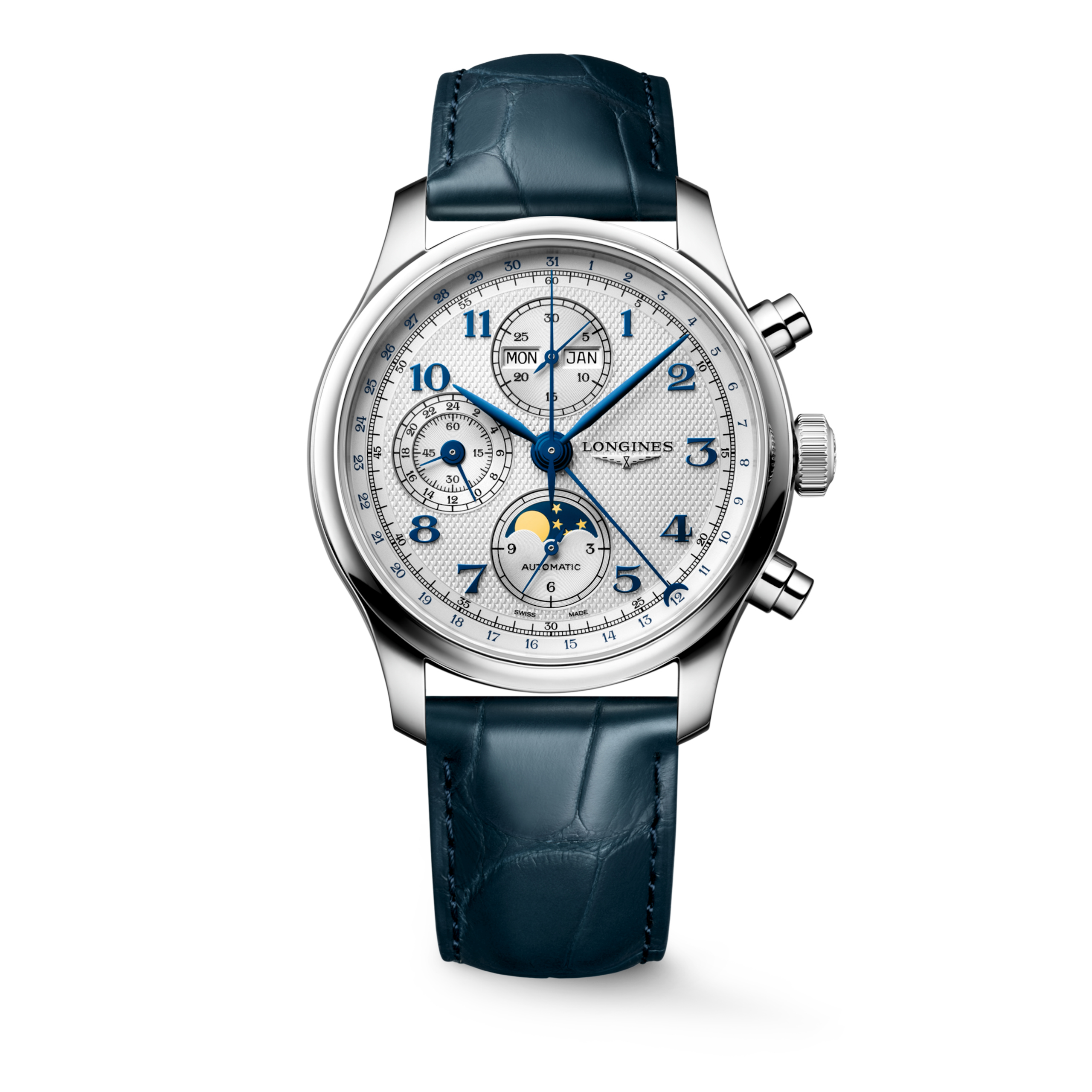 LONGINES MASTER COLLECTION CHRONO MOONPHASE L2.962.4.73.2 Automático, Aço inoxidável, Prateado efeito “grão de cevada”, Bracelete Watch - Relógio militar