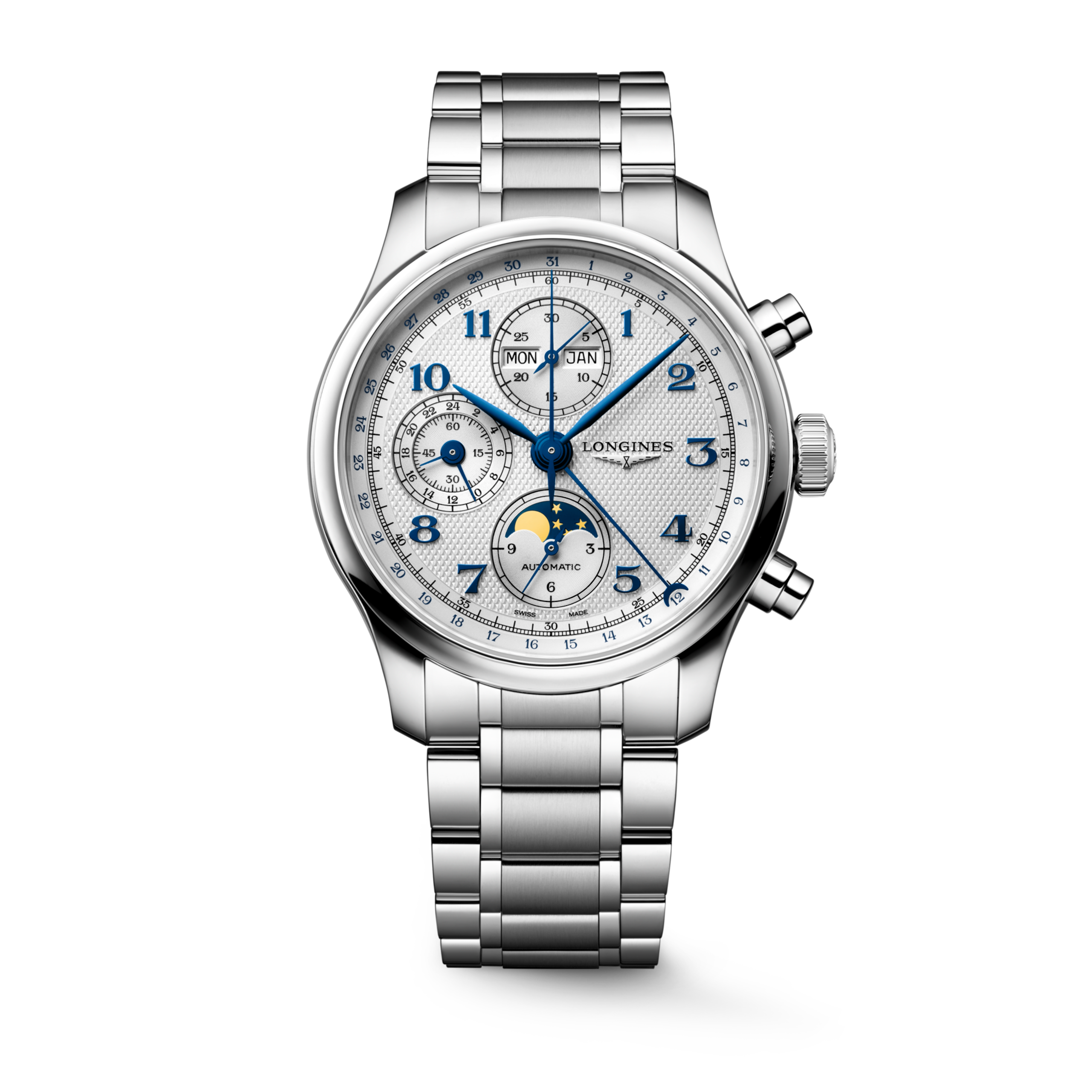 LONGINES MASTER COLLECTION CHRONO MOONPHASE L2.962.4.73.6 Automático, Aço inoxidável, Prateado efeito “grão de cevada”, Bracelete Watch - Relógio militar