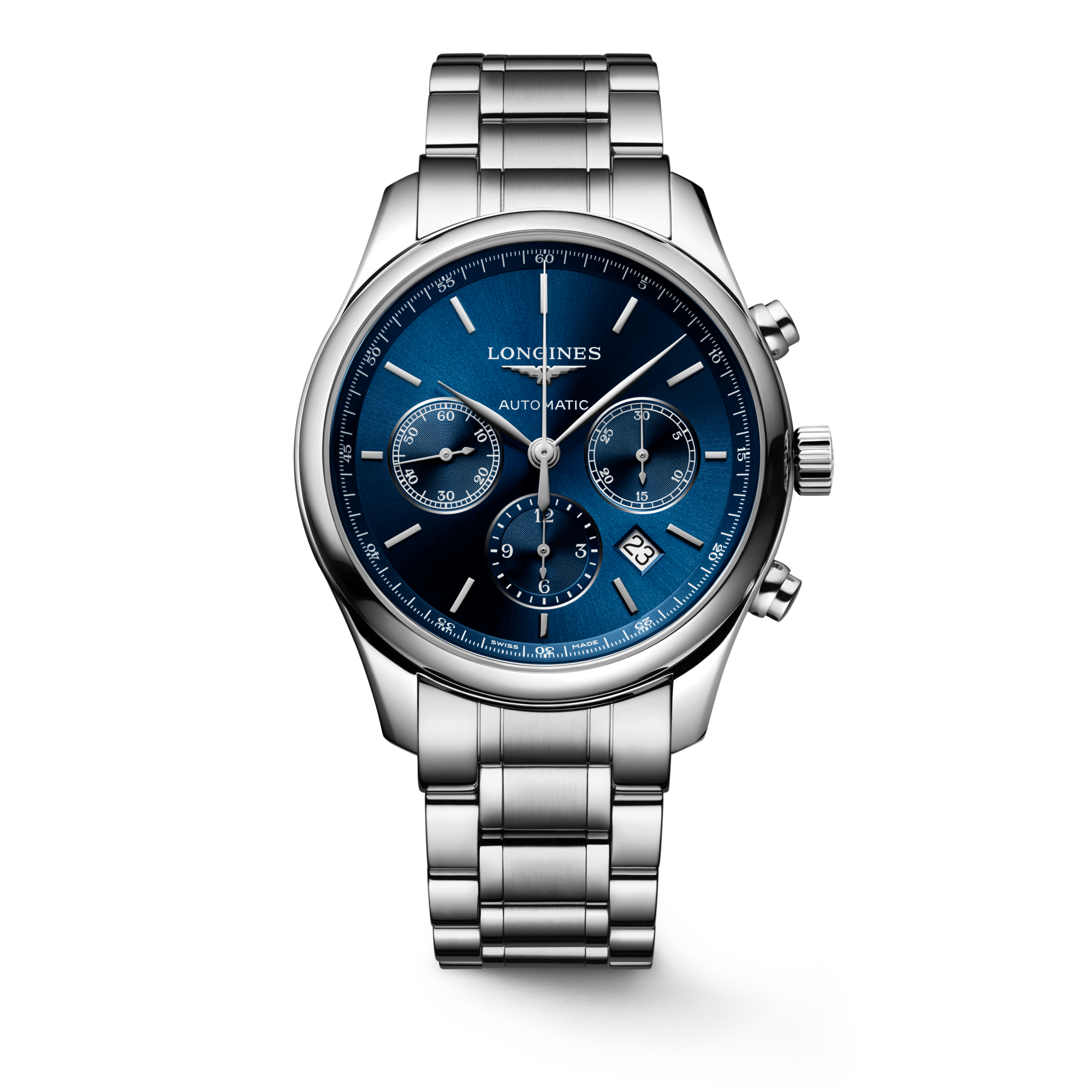 LONGINES MASTER COLLECTION CHRONOGRAPH Automatic Stainless Steel Sunray Blue Dial Bracelet Watch LONGINES