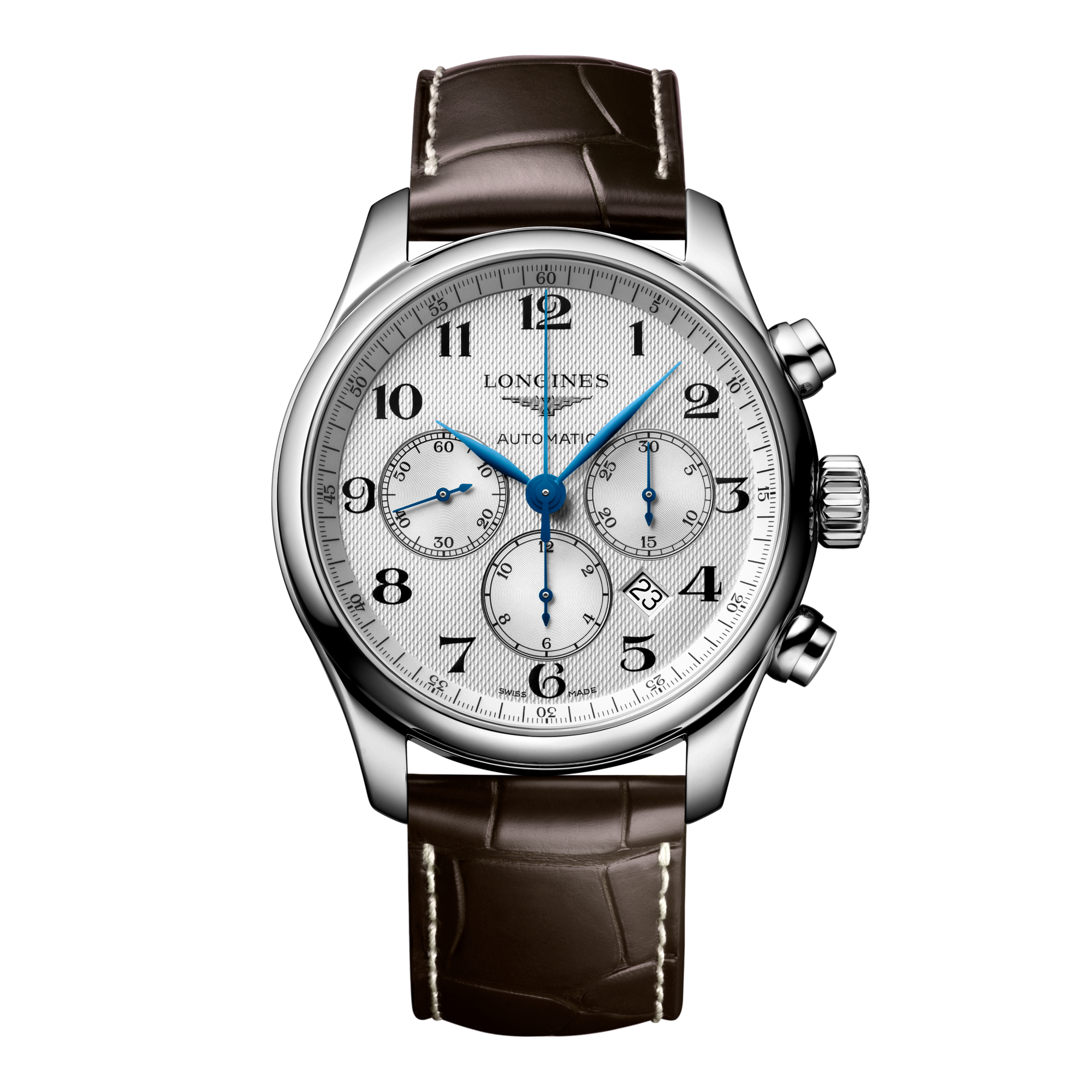 LONGINES MASTER COLLECTION CHRONOGRAPH Automatic Stainless Steel Silver barleycorn Dial Strap Watch LONGINES CA