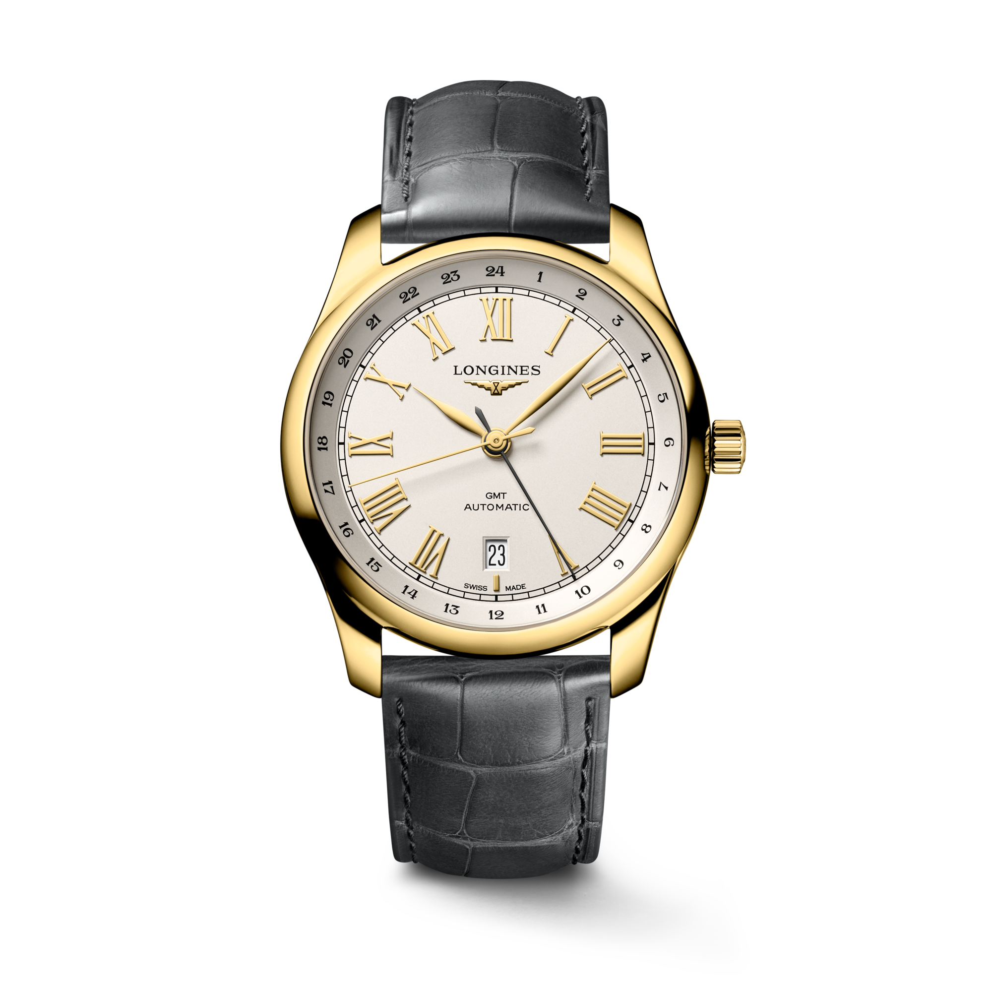 LONGINES MASTER COLLECTION GMT Automatic 18 Karat Yellow Gold Silver Dial Strap Watch LONGINES US