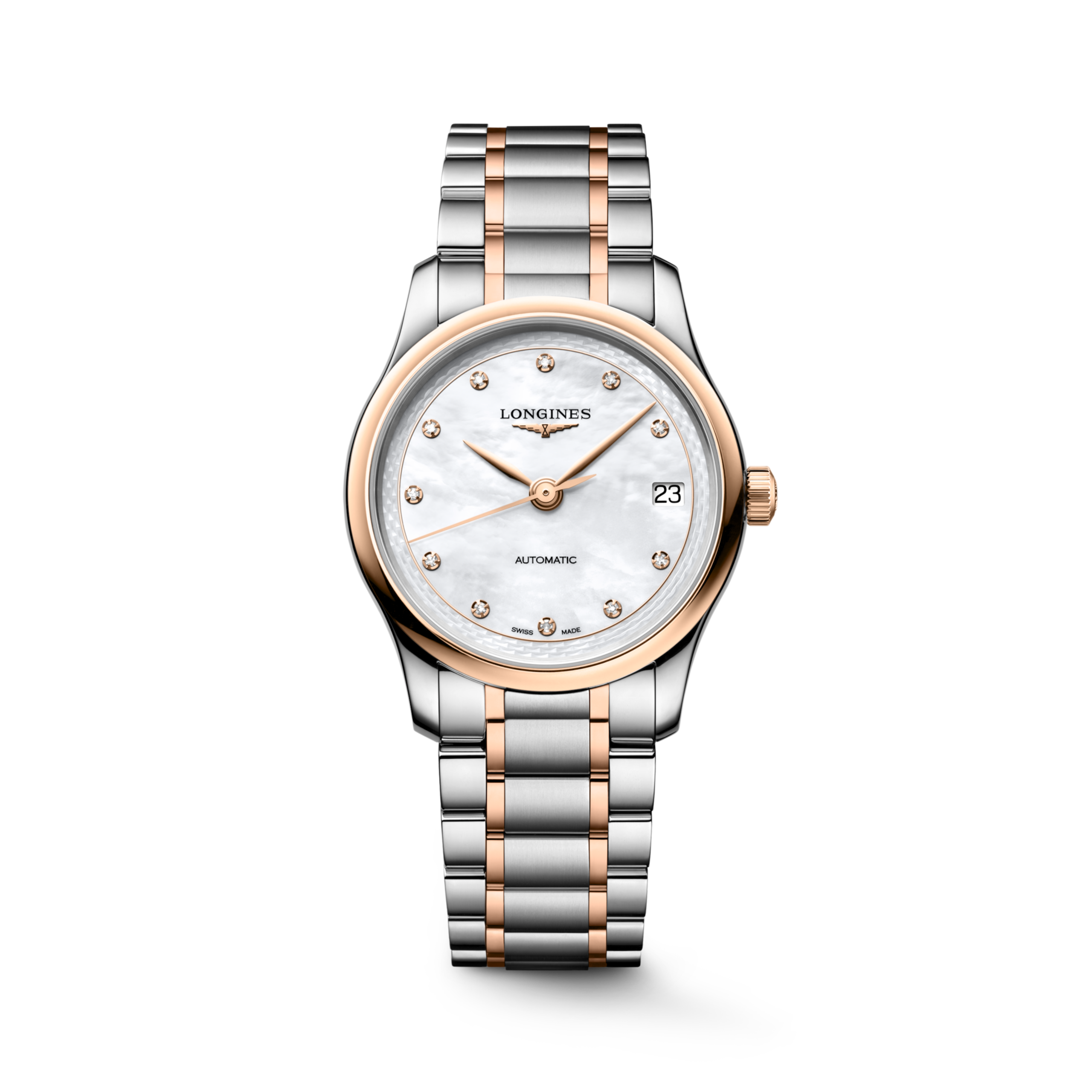 LONGINES MASTER COLLECTION L2.450.5.89.7 Automatico, Acciaio inossidabile e lunetta girevole bidirezionale con inserto spazzolato circolare sovrastato da una coiffe in oro rosa 18 carati 5N, Madreperla bianca, Bracciale Watch - Orologio militare