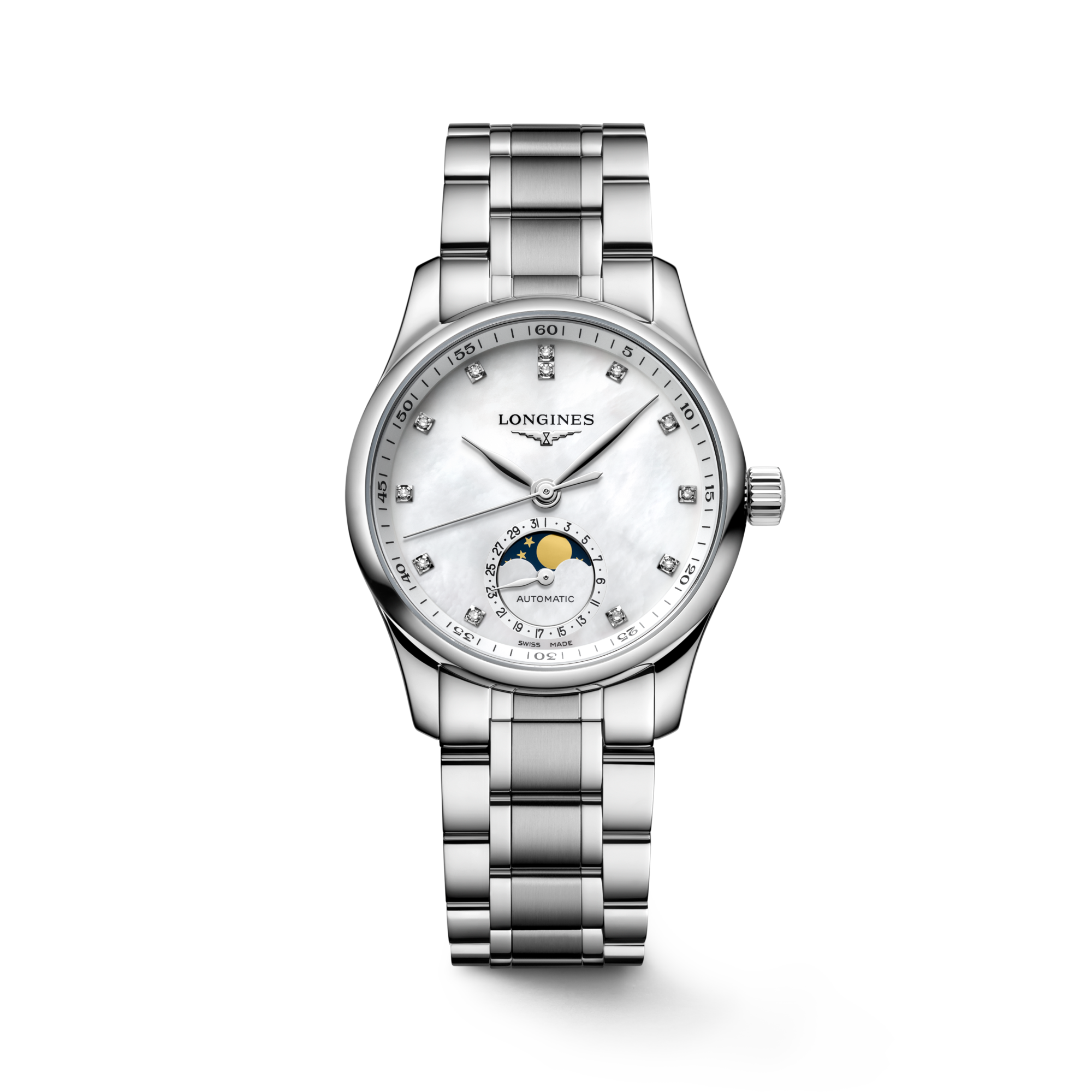 LONGINES MASTER COLLECTION MOONPHASE Automatic Stainless Steel White Mother of pearl Dial Bracelet Watch LONGINES