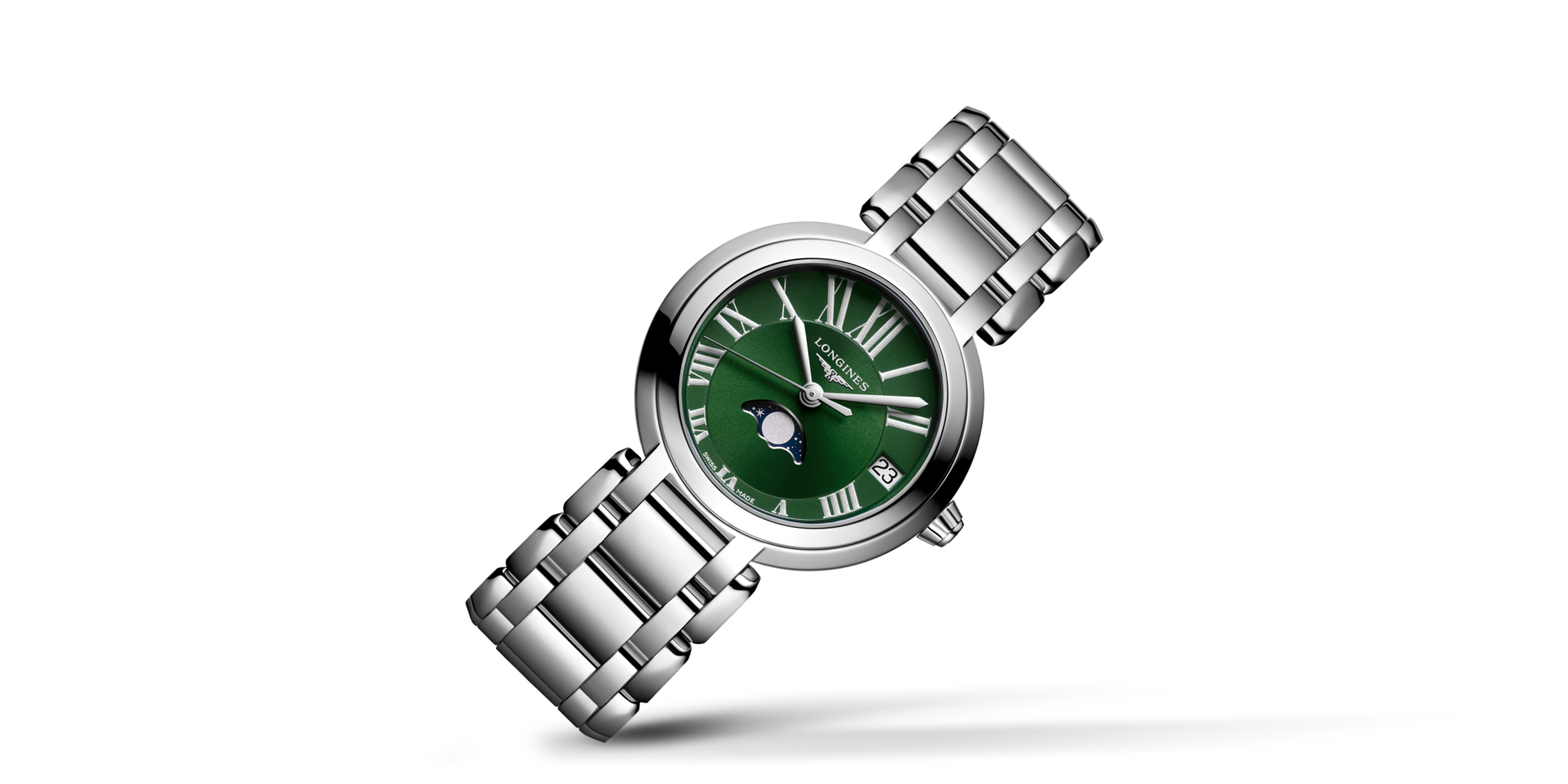 LONGINES PRIMALUNA quartz, stainless steel, green Dial, bracelet Watch | Longines® US